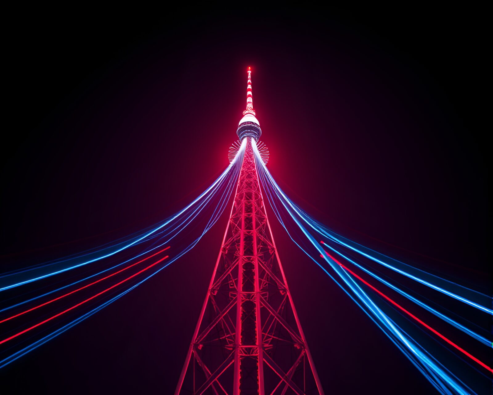 Abstract tower with red-blue light trails in wireframe style