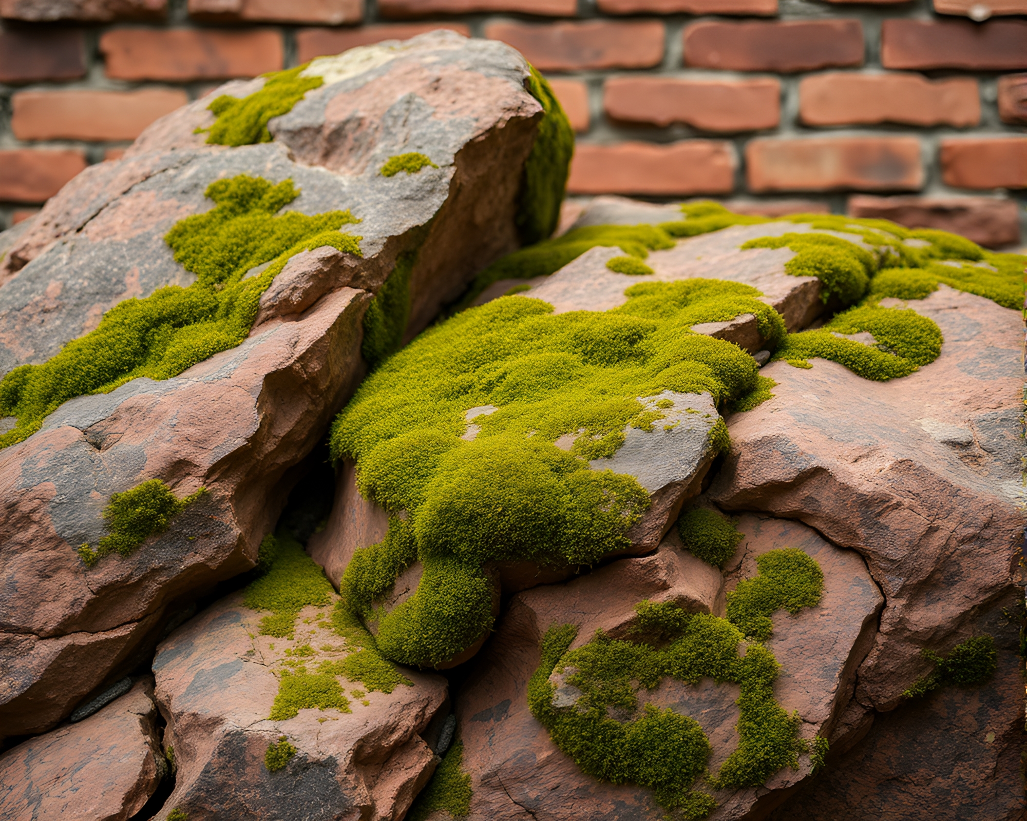 Moss-Covered Rock: Ancient Calligraphy in Brick Red Depths – free AI stock image