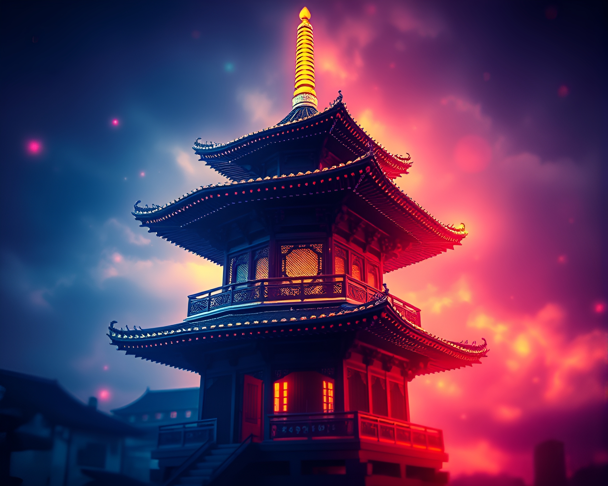 Pagoda fractal fusion in ultraviolet brilliance – free AI stock image