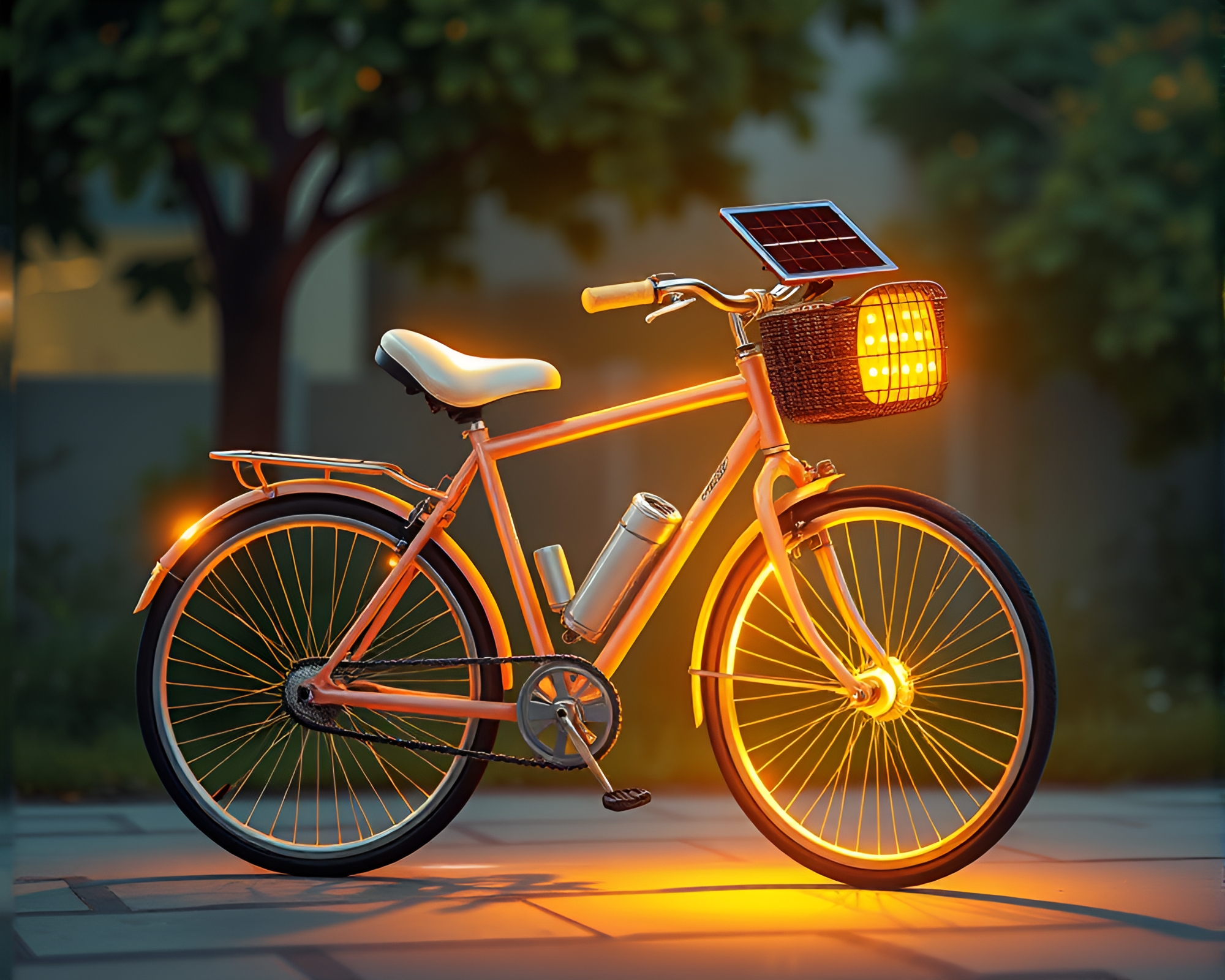 Solar-Powered Bike with Gold Foil Highlights in Peachy Glow – free AI stock image