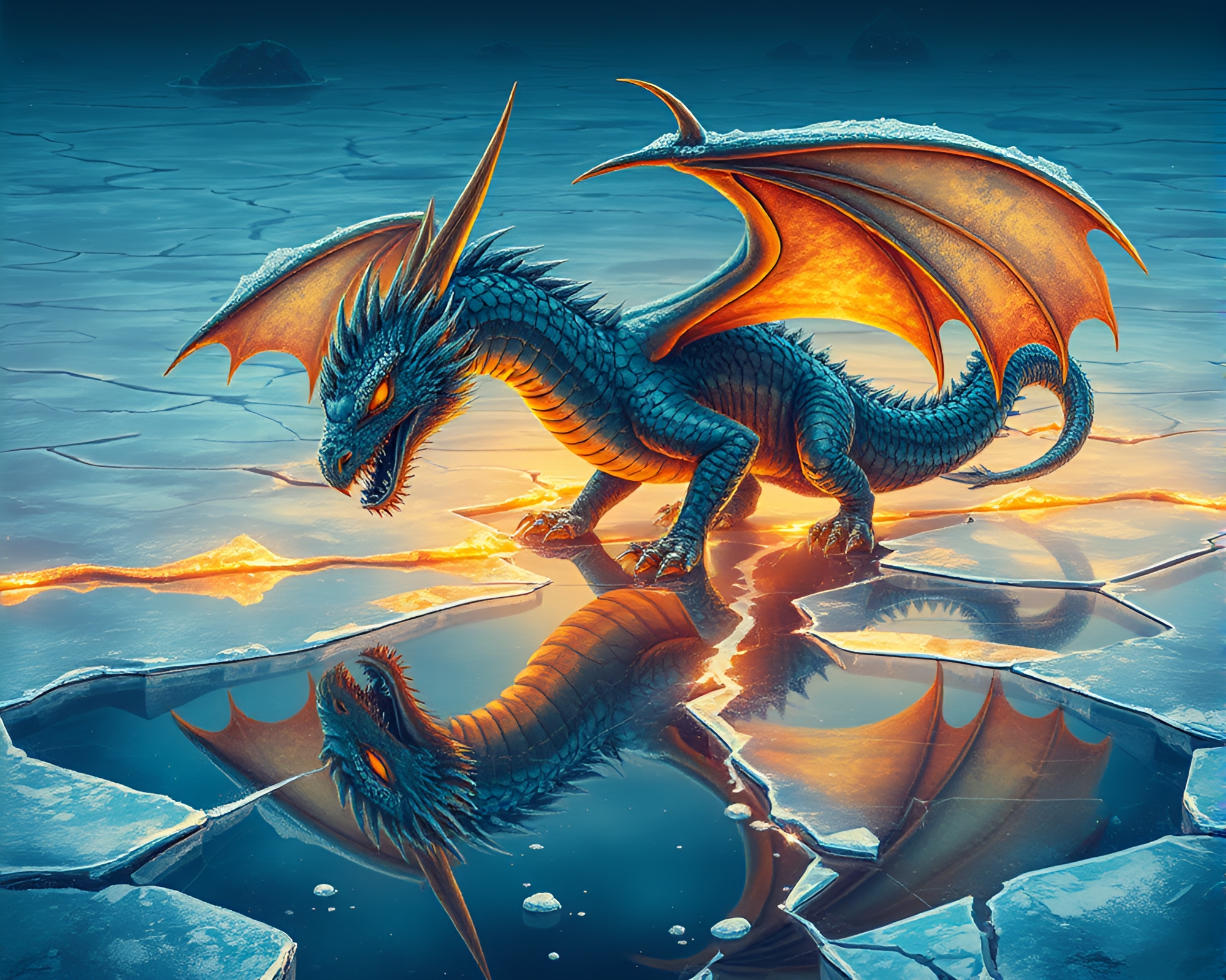Frozen Dragon Fossil Reflecting on Ice Crack – free AI stock image