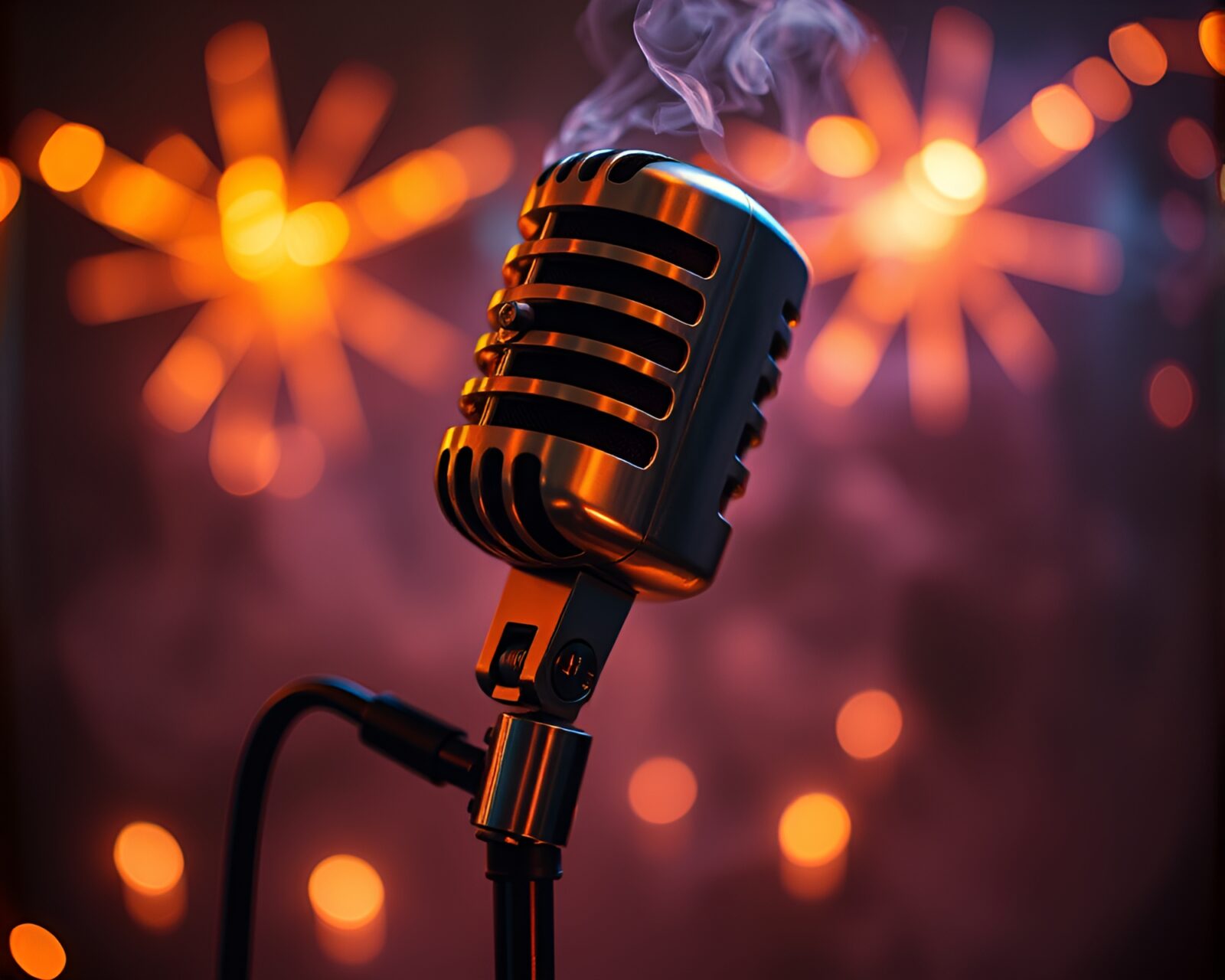 Abstract depiction of microphone emitting steam vapor, surrounded by sparkling fairy lights