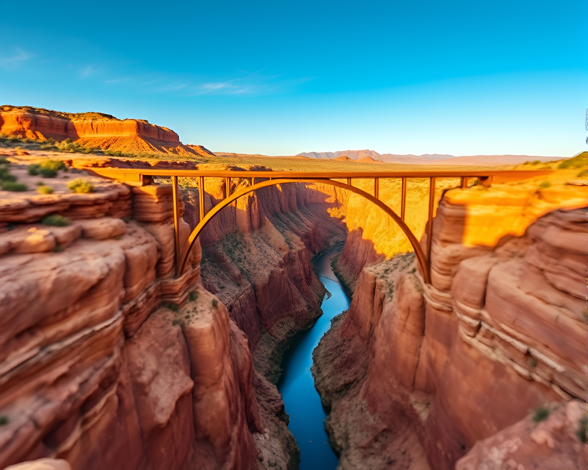 Symmetrical Bridge over Rust Canyon in Bokeh – free AI stock image