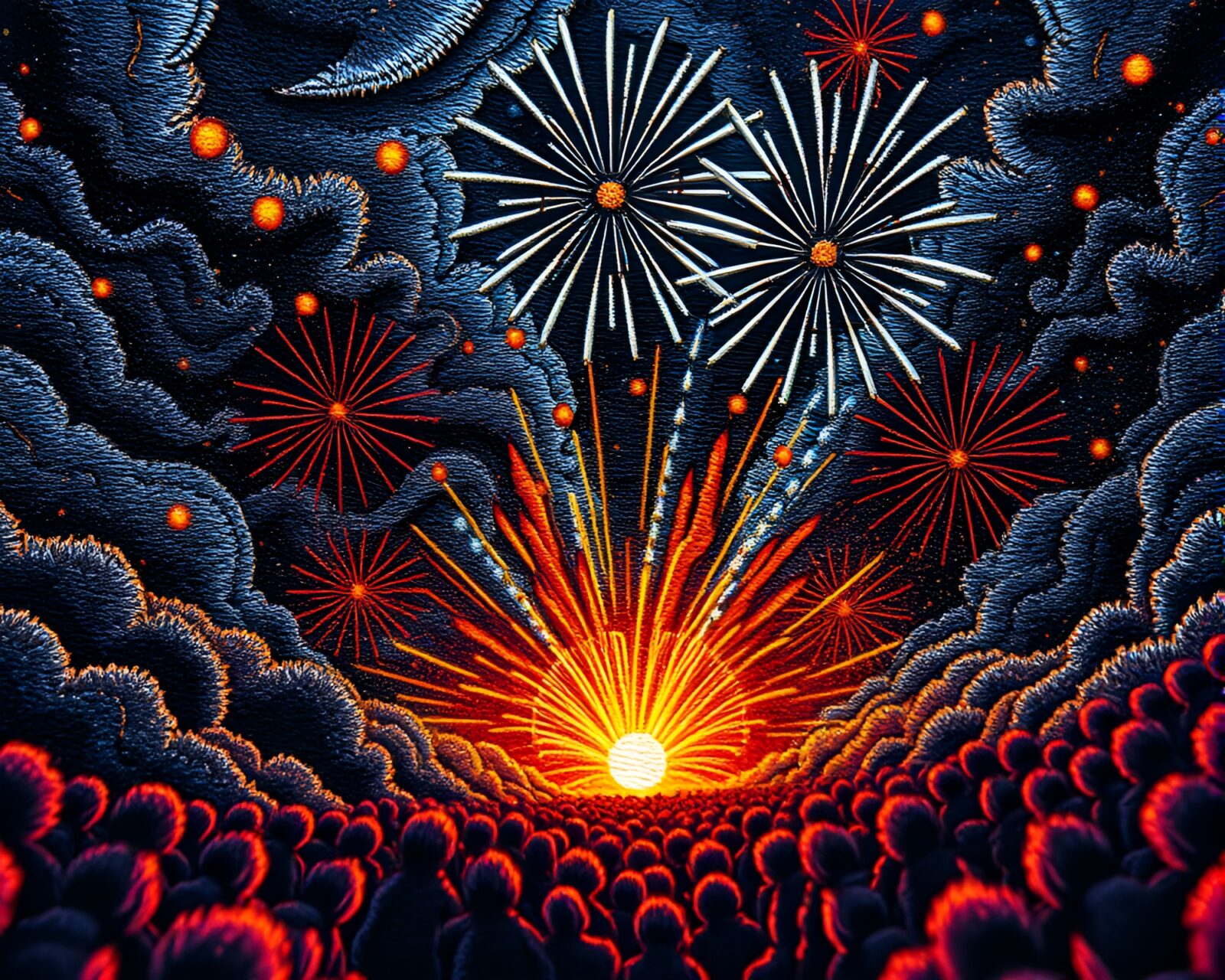 Vibrant manga artwork showing a swirling time vortex with embroidered details and festival fireworks