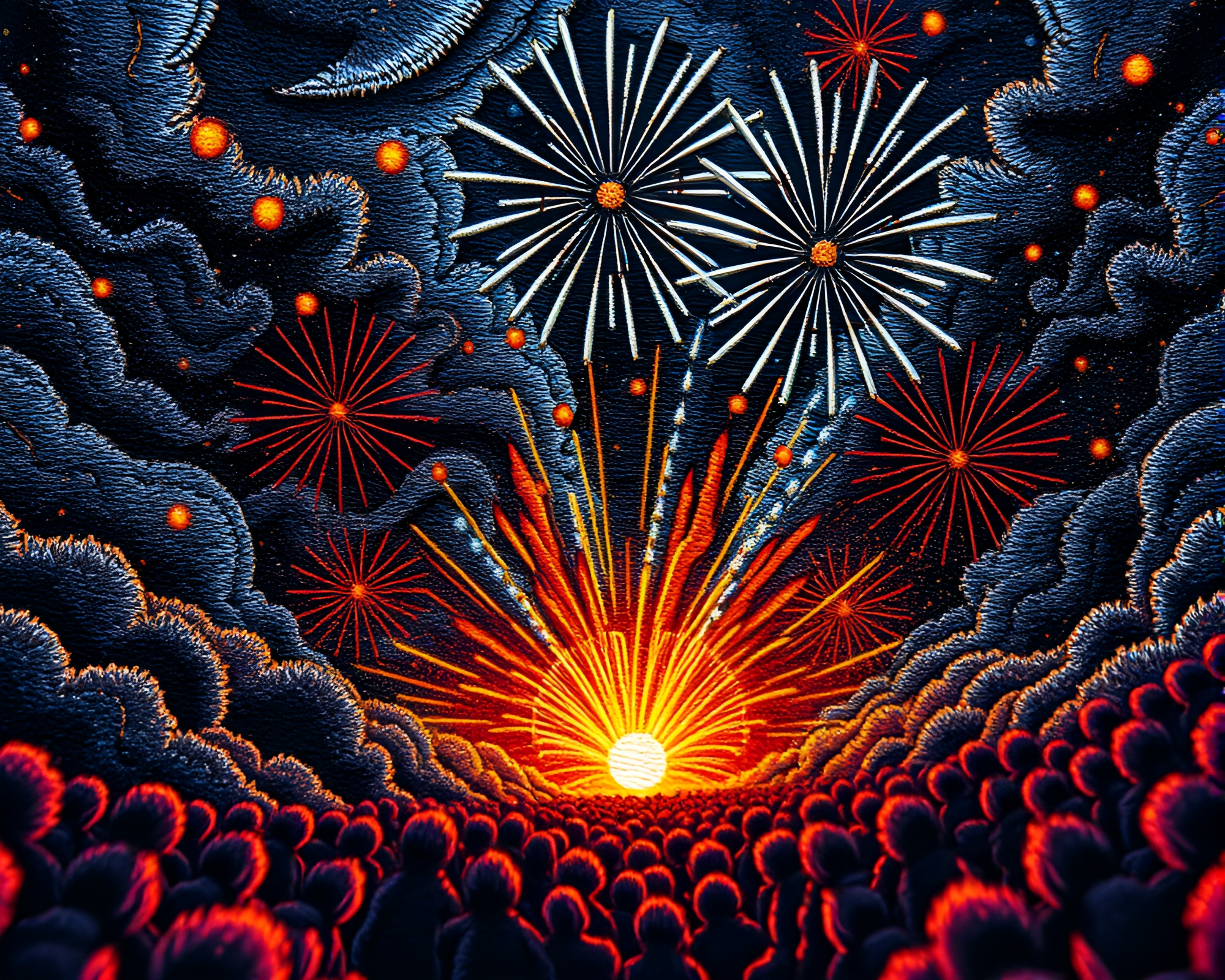 Manga-Style Time Vortex Embroidered Festival Glow Fireworks – free AI stock image