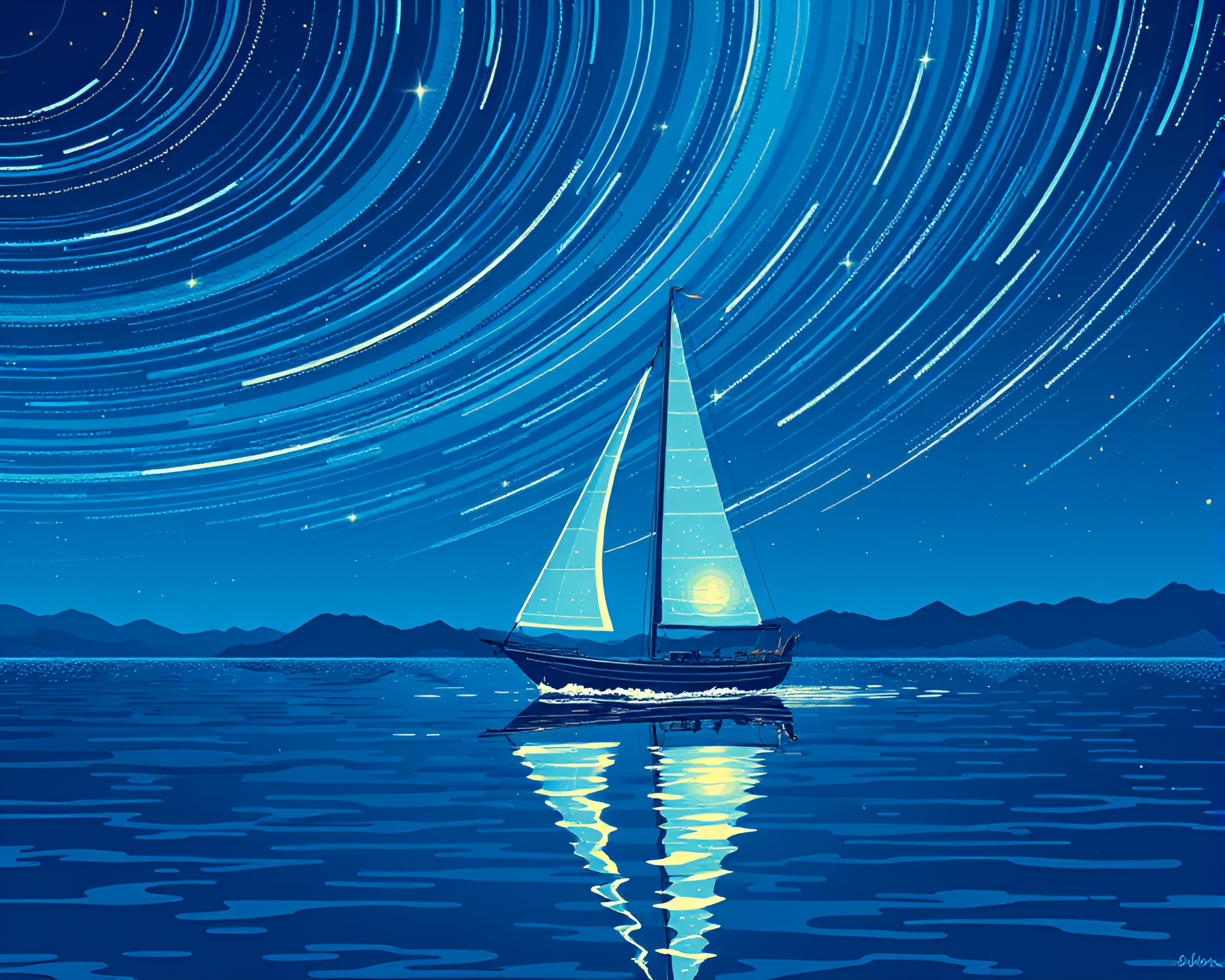Arctic Blue Solar Sailboat Star Trails Pixel Art – free AI stock image