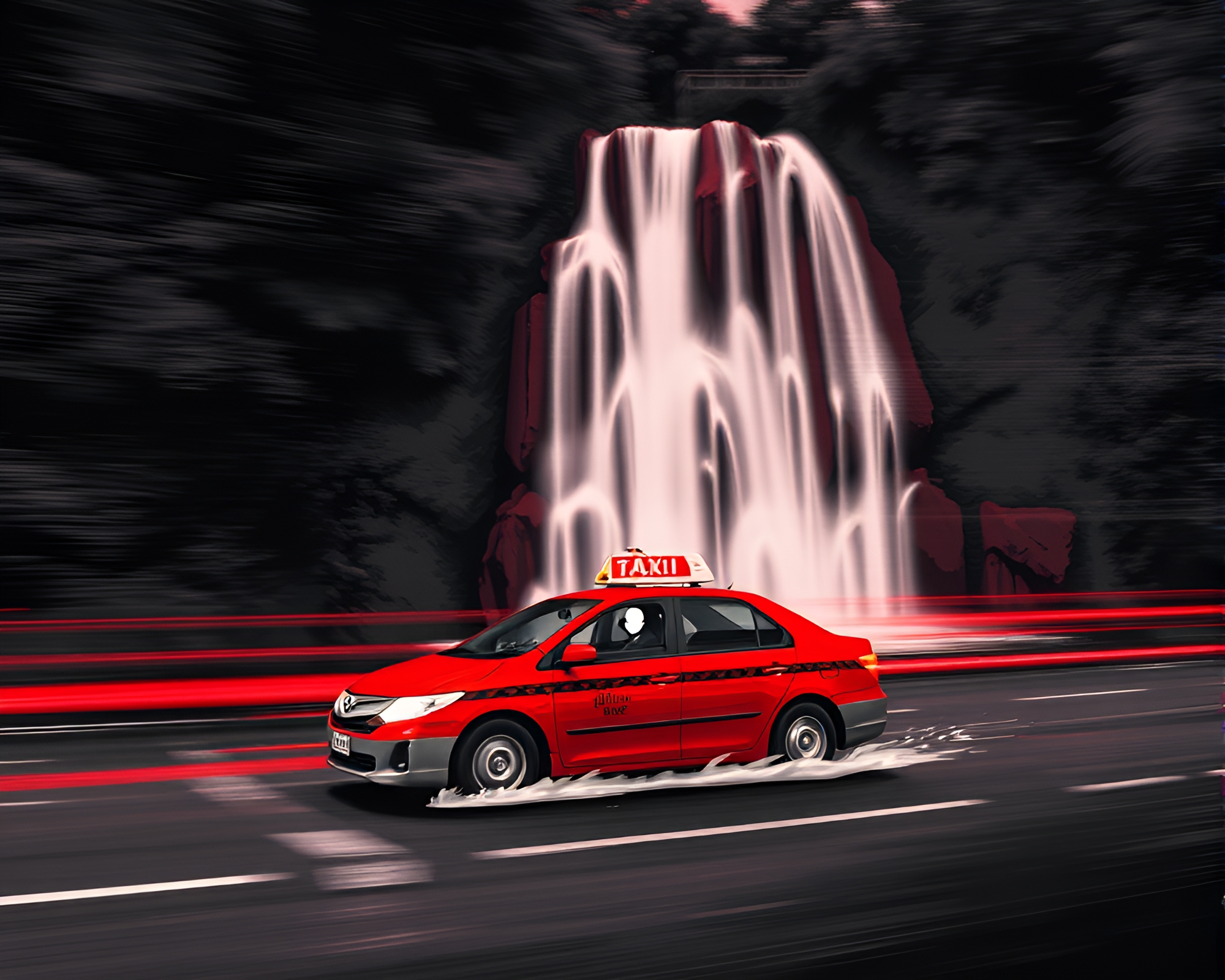 Tropical Waterfall Taxi in Monochrome Red Cartoon Style – free AI stock image