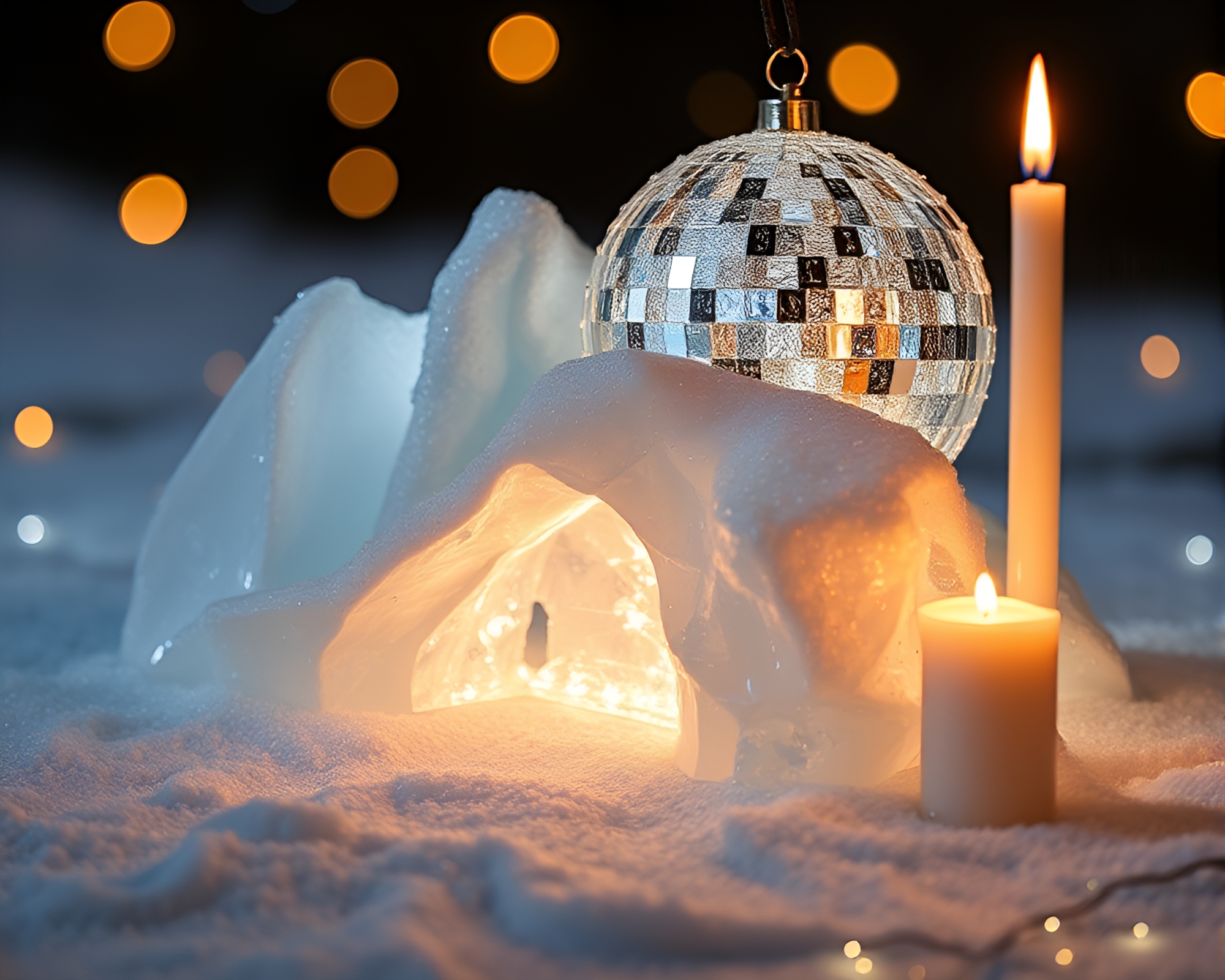 Arctic Iceberg with Disco Ball Glimmer in Candlelit Scene – free AI stock image