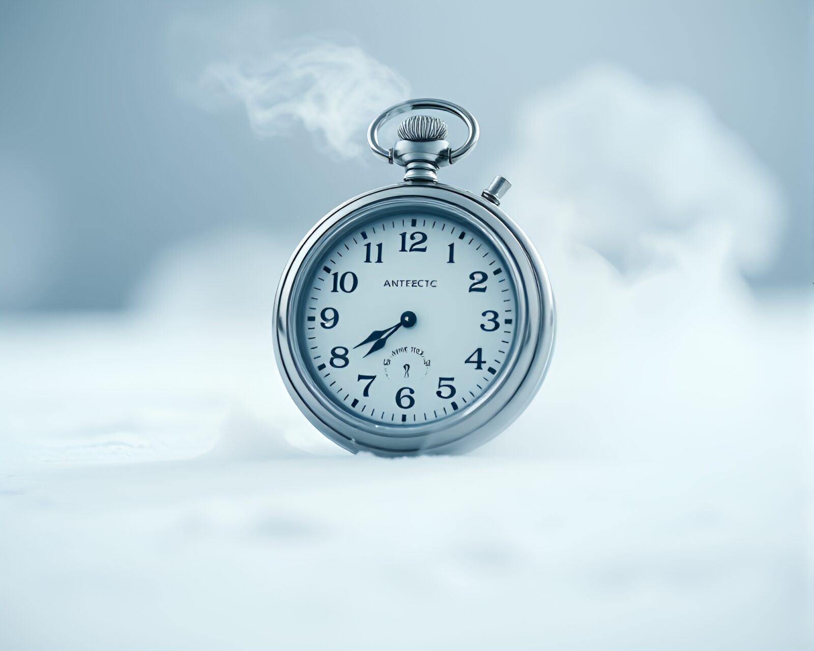 Illustration of a pocket watch in a whiteout with steam