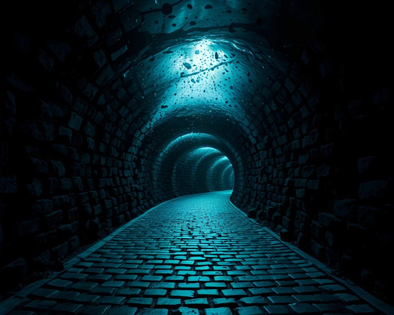 Monochrome cobblestone path leading into an underwater dome