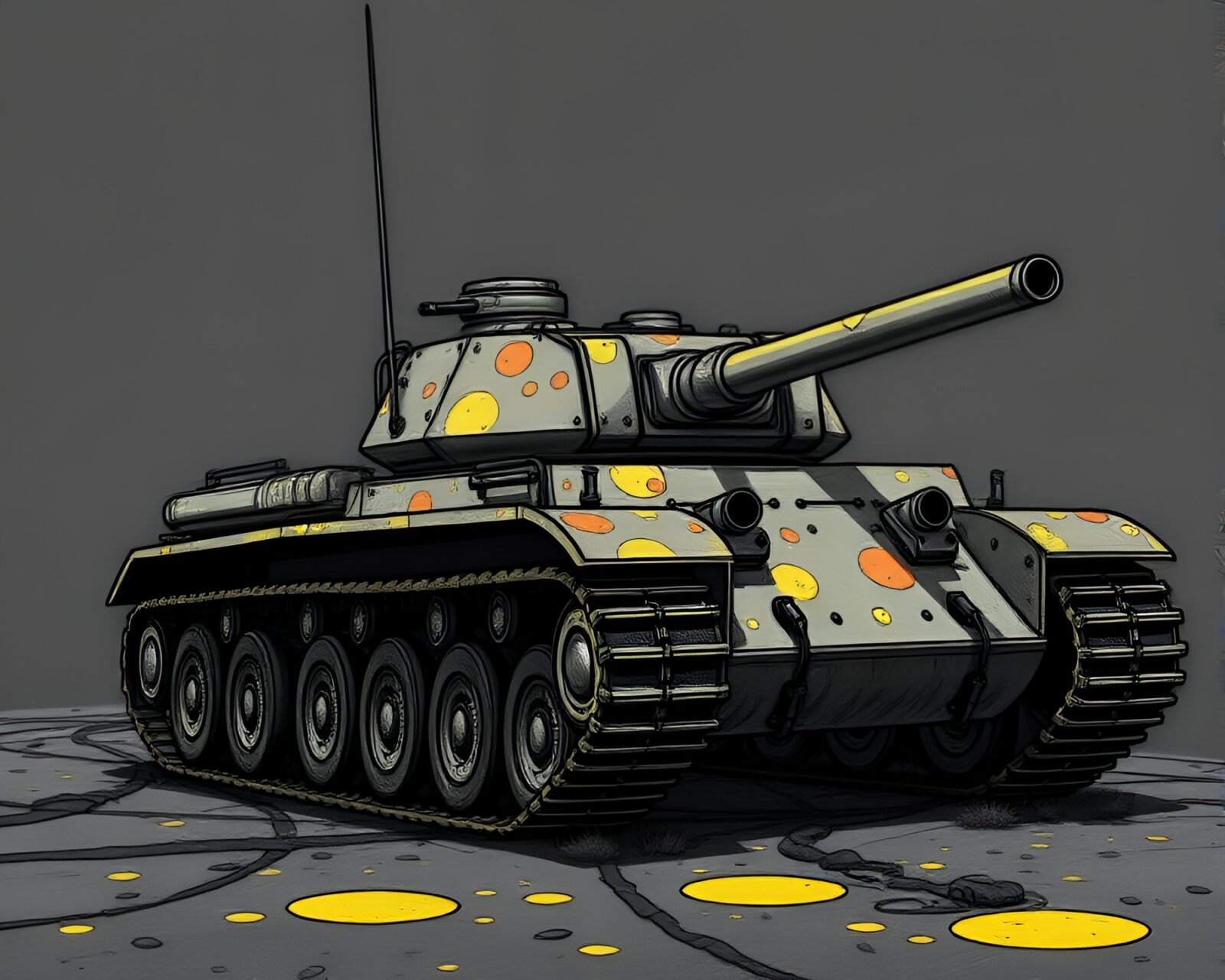 Illustration of armored tank with mildew, in volcanic ash setting