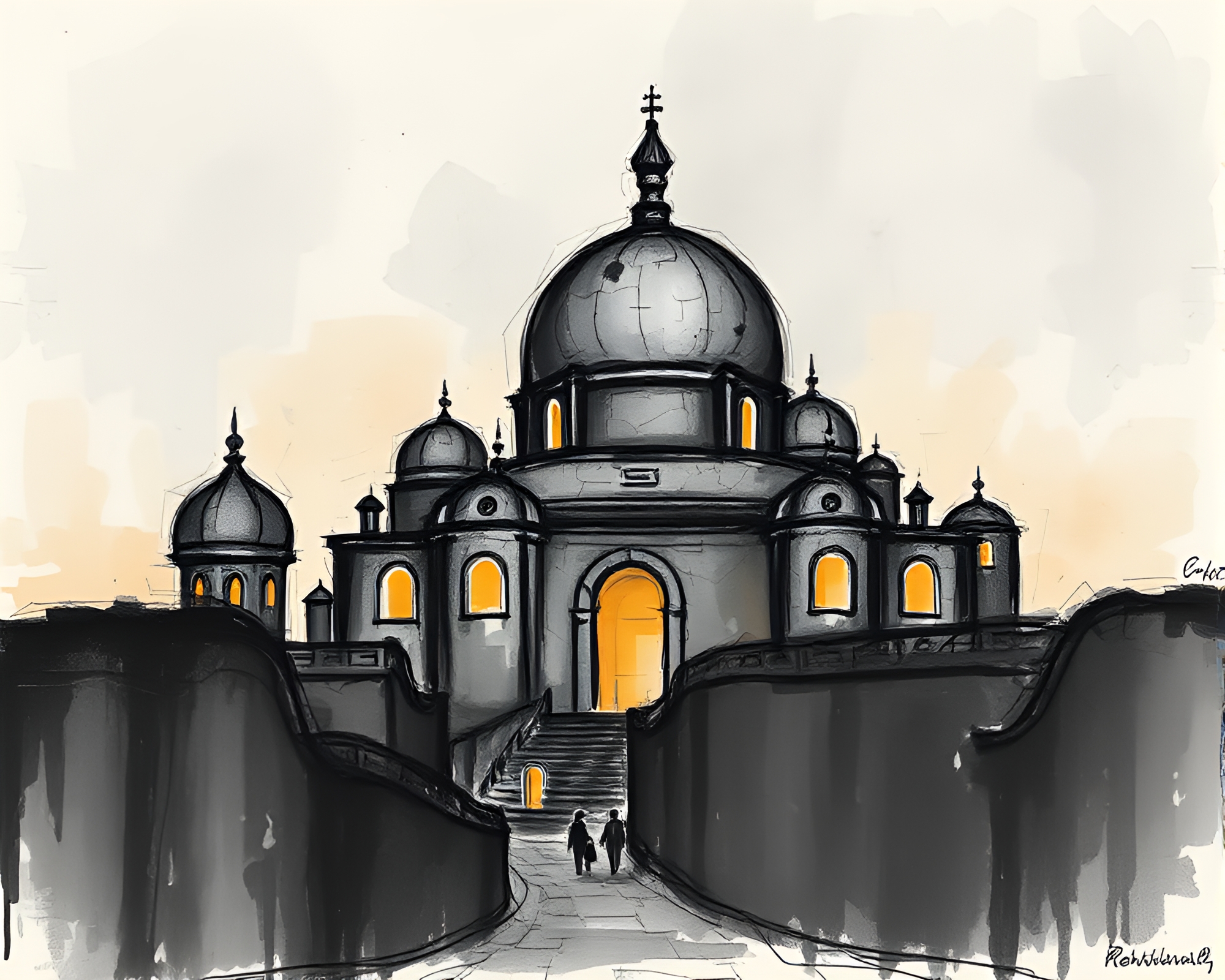 Utopian Charcoal Sketch Mosaic with Lens Vignette – free AI stock image