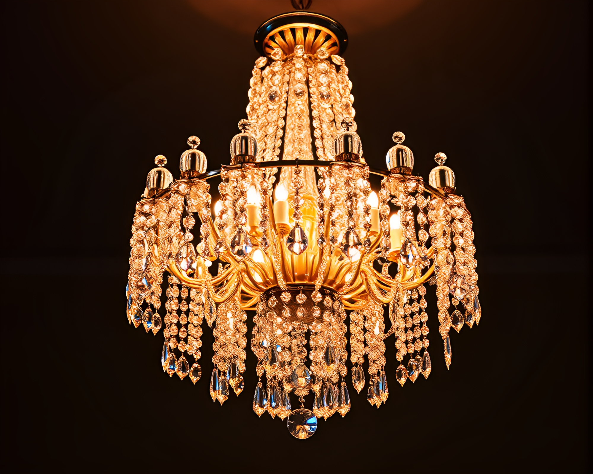 Tiled Mosaic Crystal Chandelier Illuminated in Topaz Light – free AI stock image