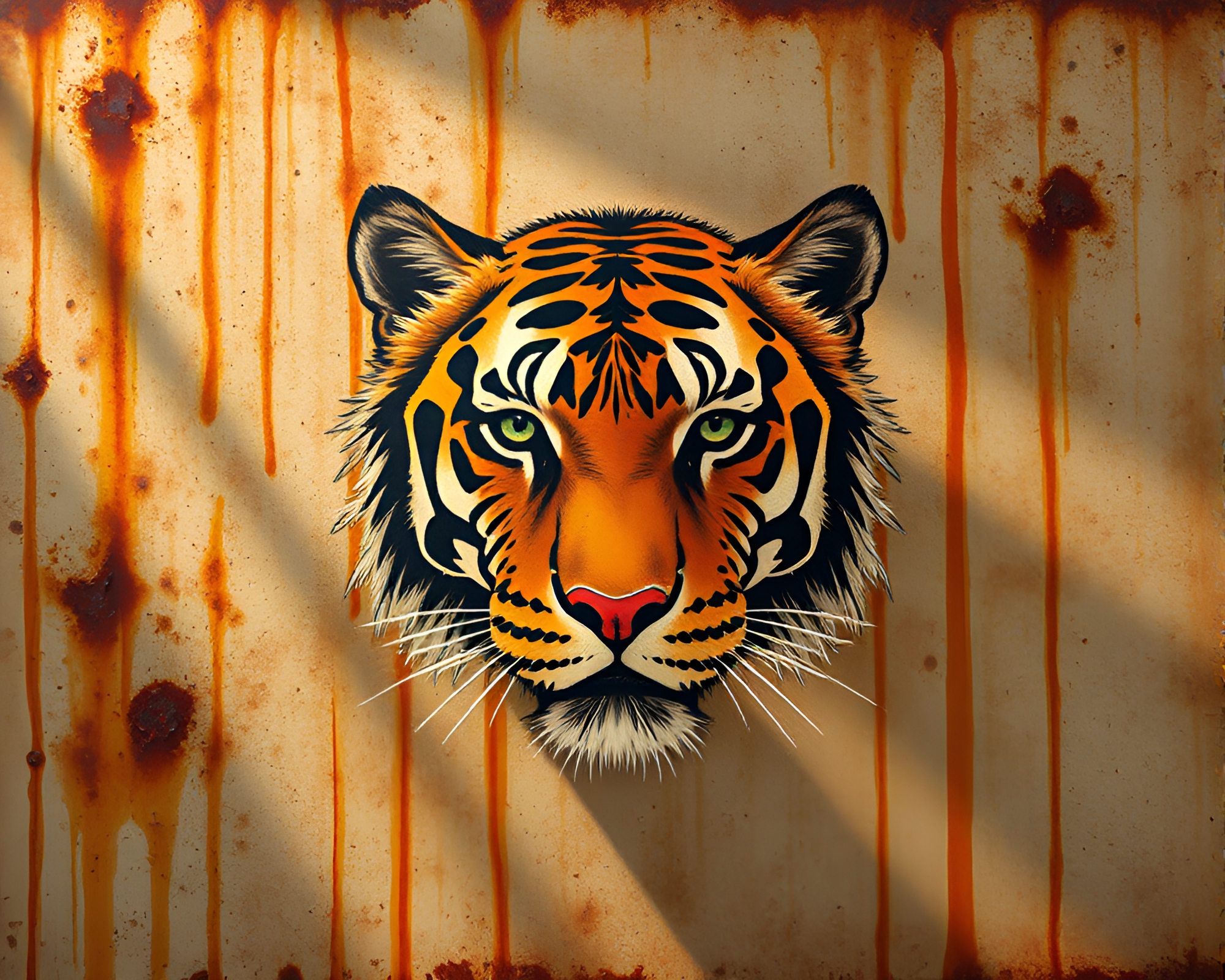 Surreal Tiger Bathed in Sunbeam Rays Through Rust Stain Divisionism – free AI stock image