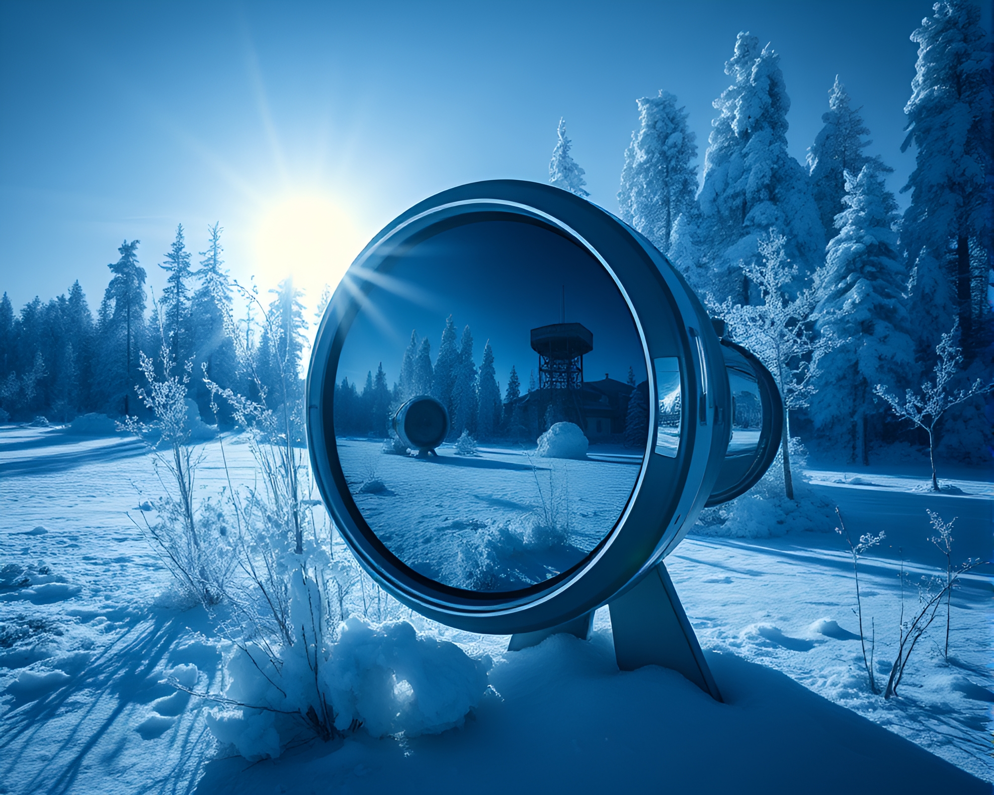 Ethereal Arctic Mirror: Haunting Infrared Sunburst Photography – free AI stock image