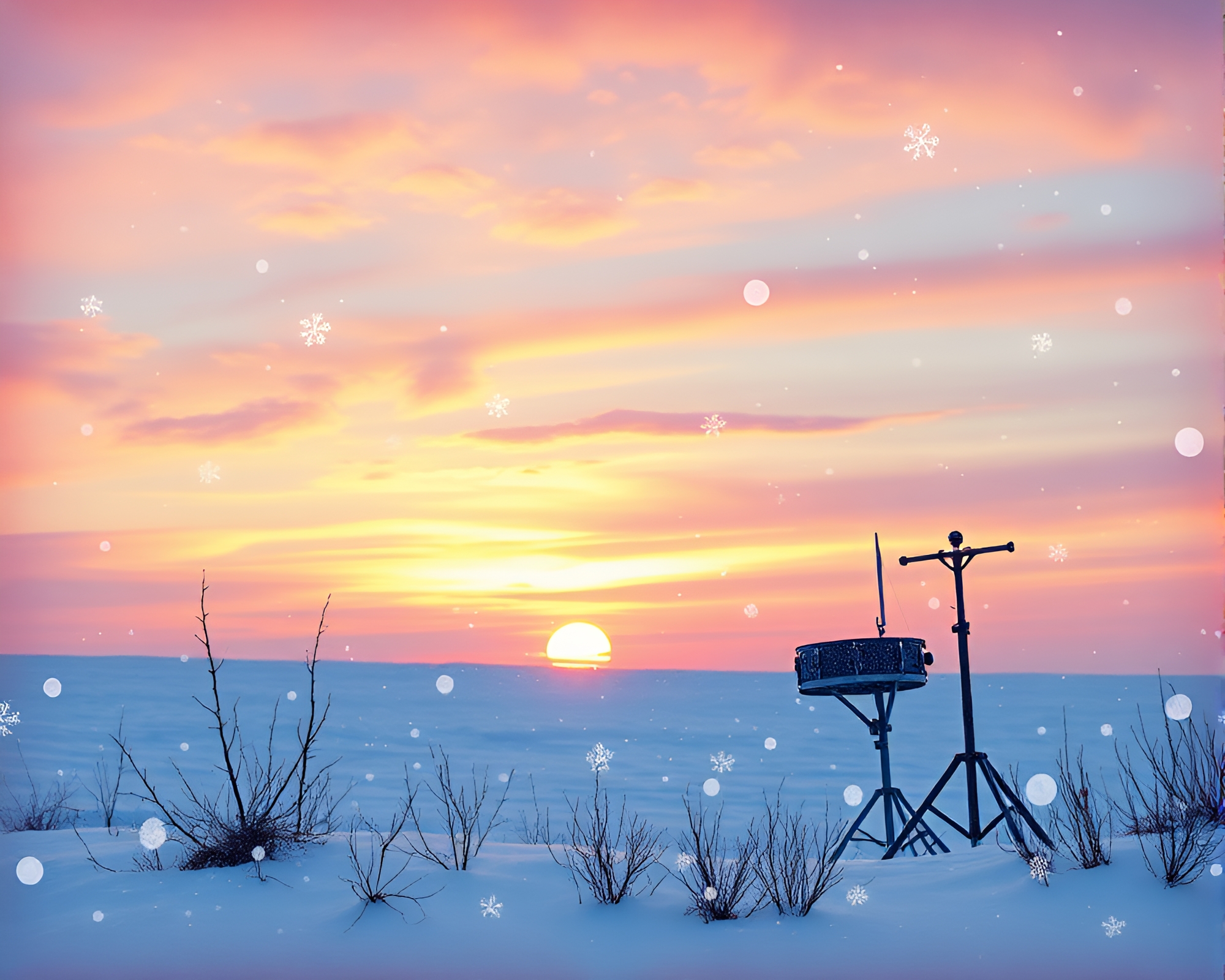 Sunrise Drumming with Graffiti Snowflakes – free AI stock image