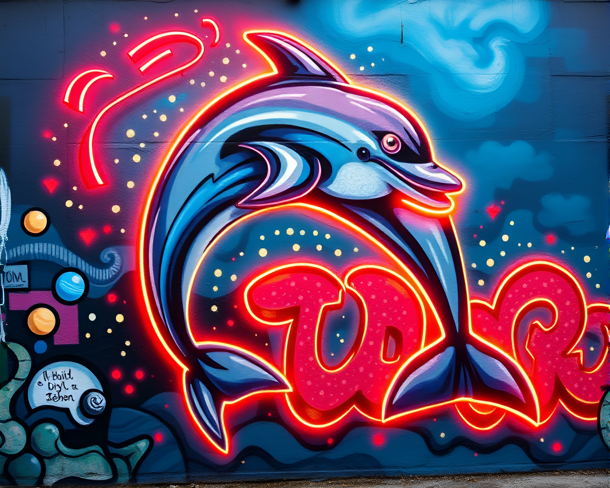 Neon Dolphin Fresco Mural Graffiti – free AI stock image