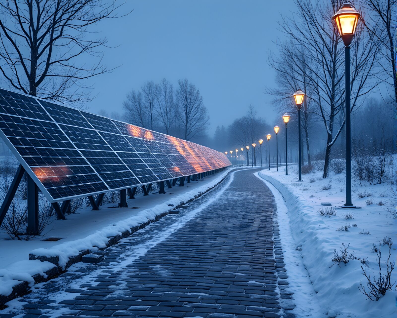 Futuristic solar panels glowing on snowy ancient walkway
