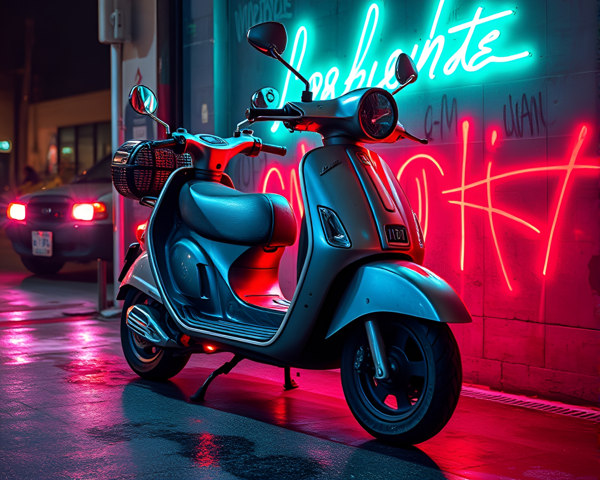 Gritty Urban Scene: Electric Scooter Amid Neon Graffiti – free AI stock image