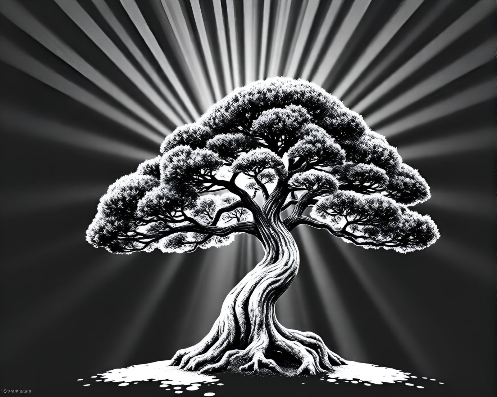 A Bonsai tree glowing under heavenly light in stereograph