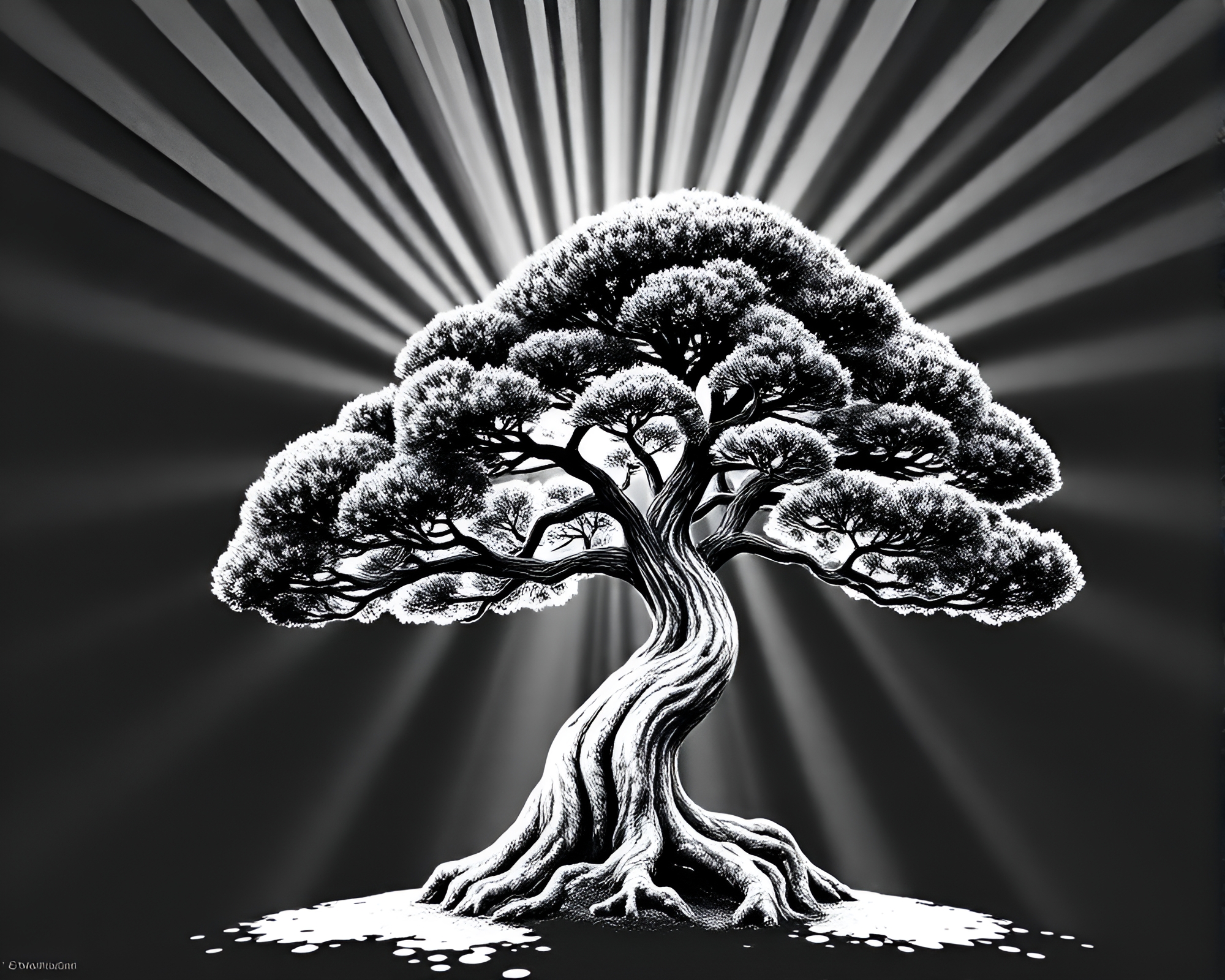 Stereograph Bonsai Tree Halftone Grid God Rays – free AI stock image
