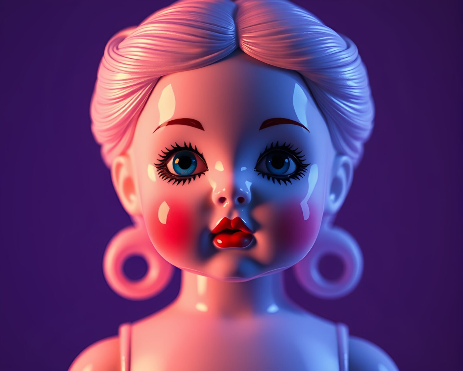 Beautifully lit asymmetrical porcelain doll in cel-shaded art style