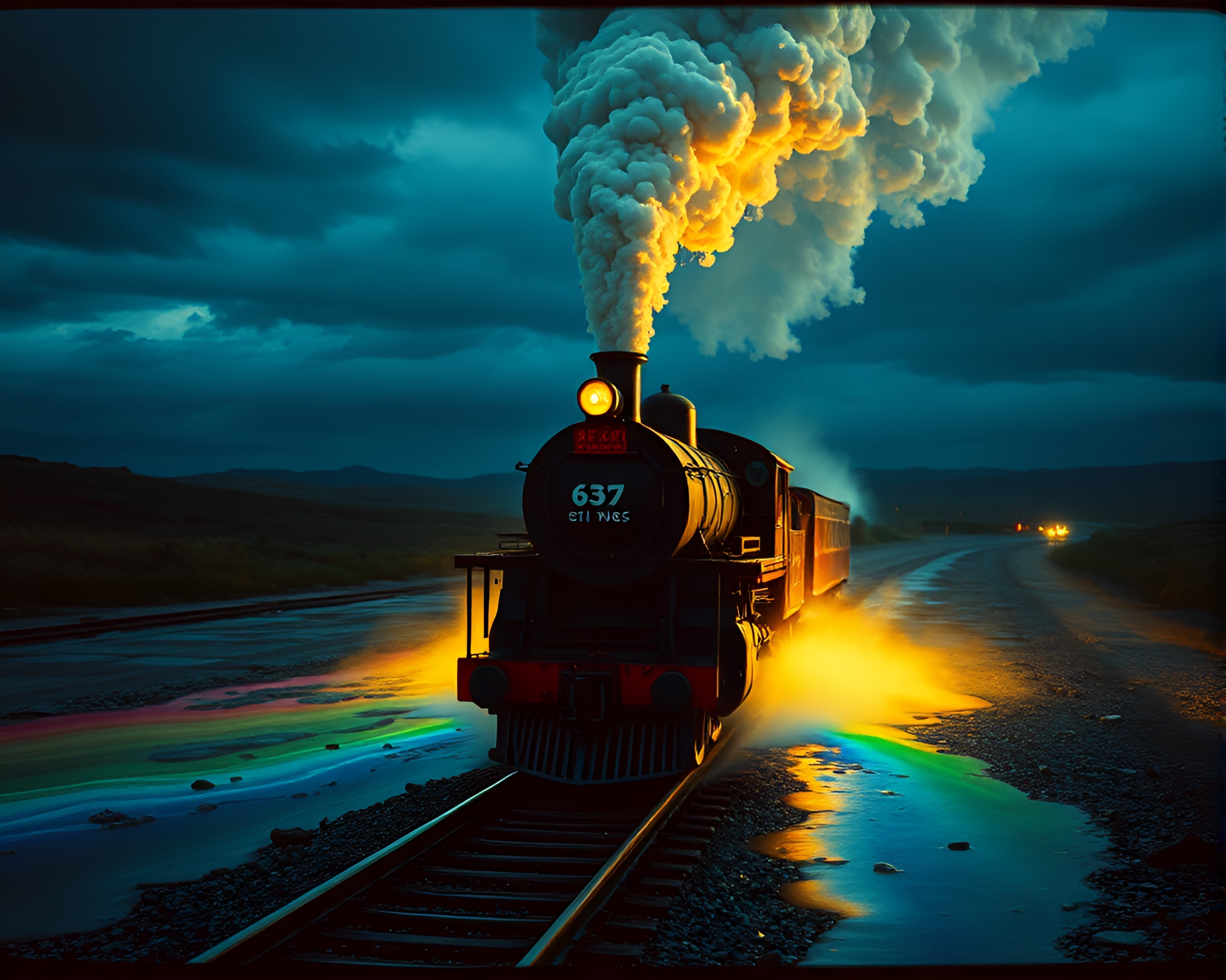 Oil Slick Rainbow Steam Locomotive Editorial Illustration – free AI stock image