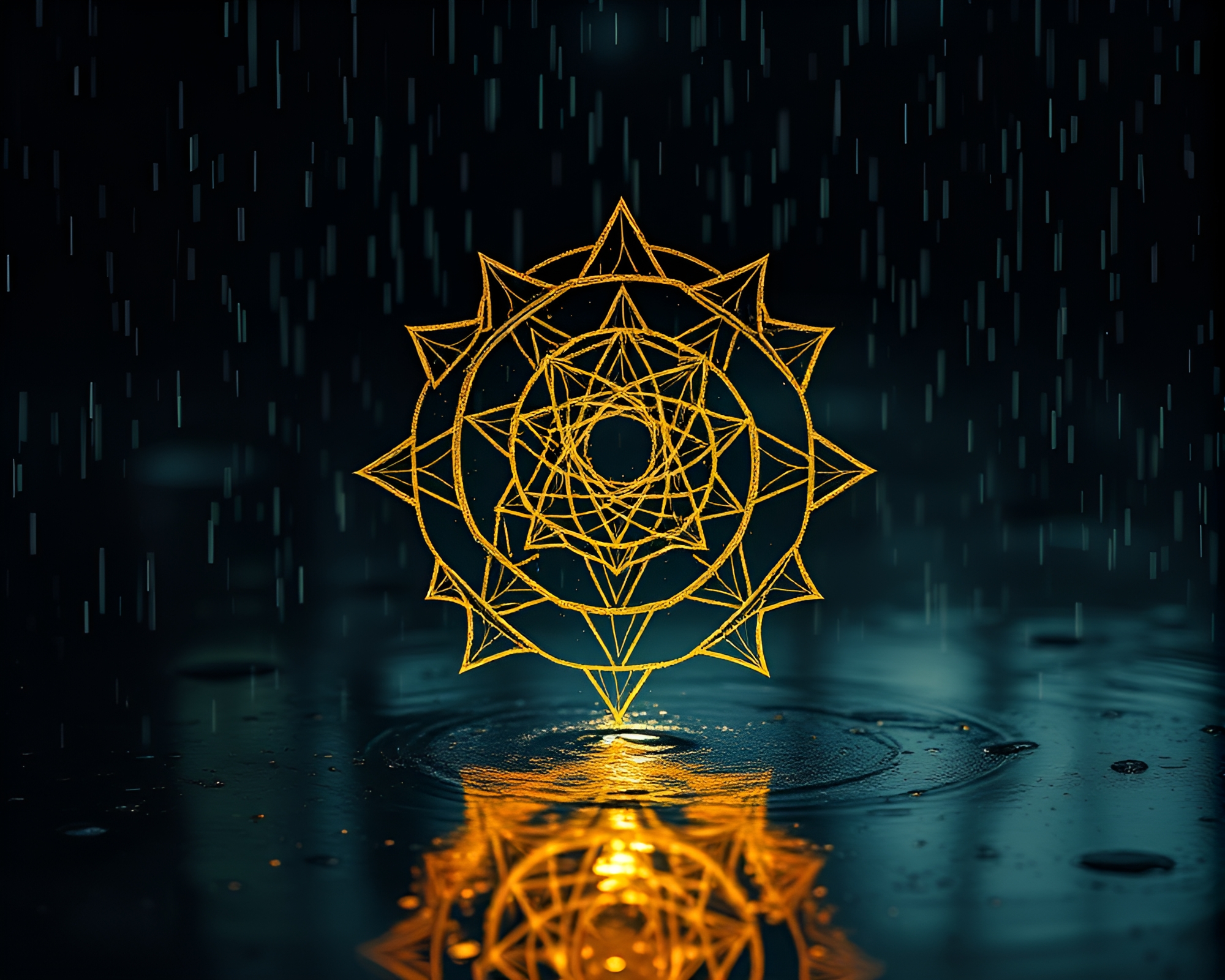 Engraved Golden Spiral in Rainy Reflections – free AI stock image