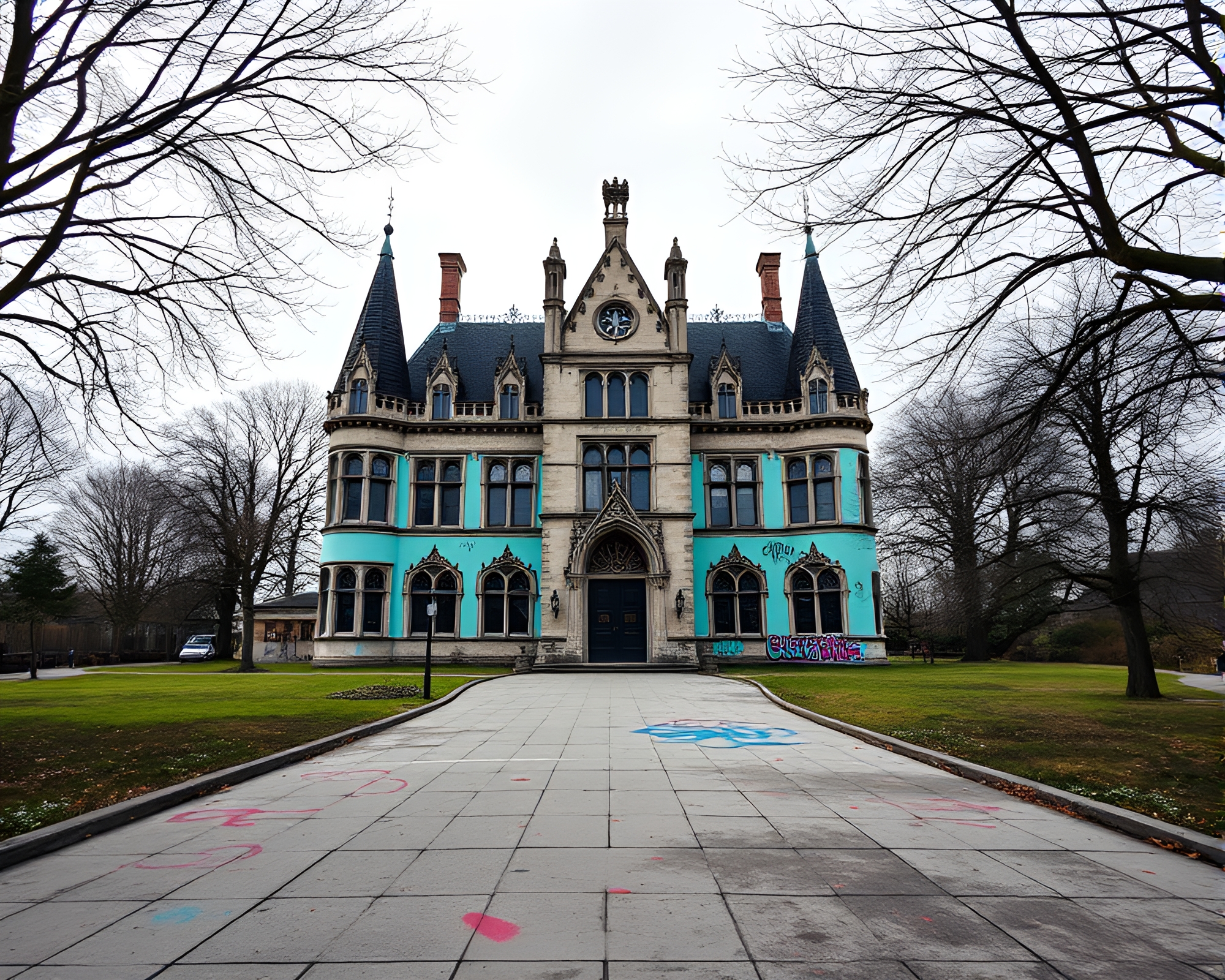 Neo-Gothic Mansion with Turquoise Graffiti Leading Lines – free AI stock image