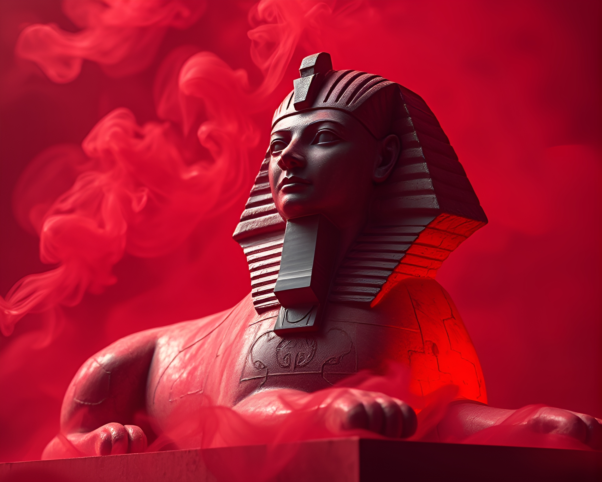 Enigmatic Sphinx Statue in Ruby Smoke Ring Ambiance – free AI stock image