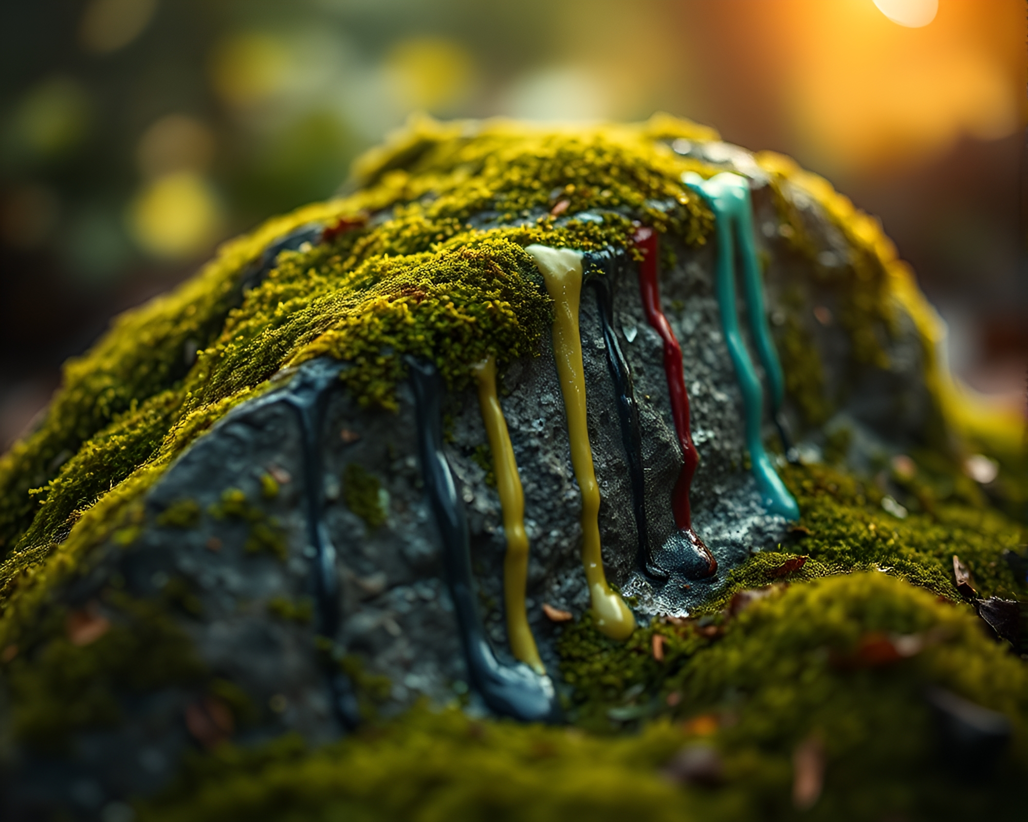 Mystical Moss-Covered Rock with Paint Drips and Bokeh Lights – free AI stock image