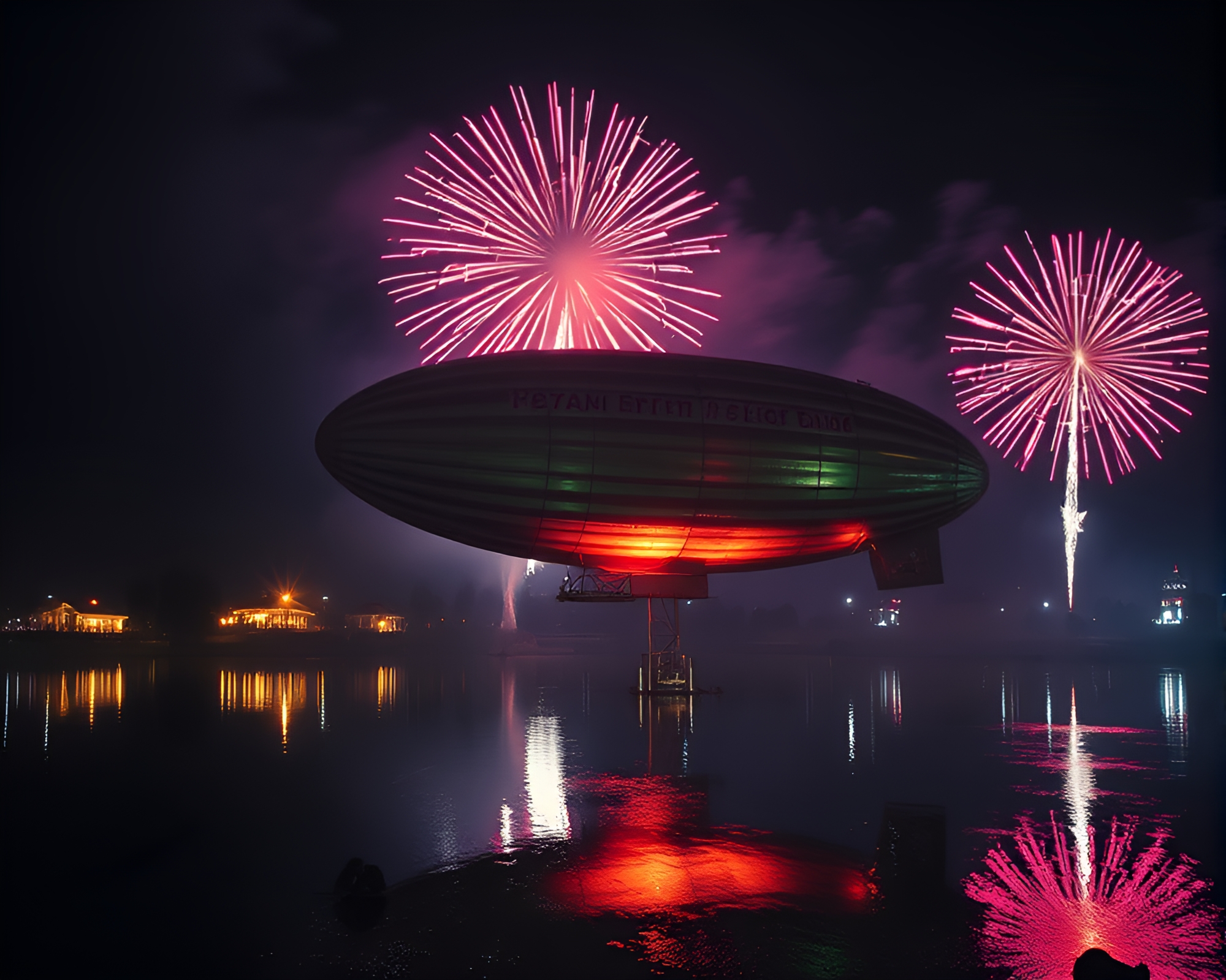 Floating Zeppelin amidst Festival Fireworks Reflections – free AI stock image