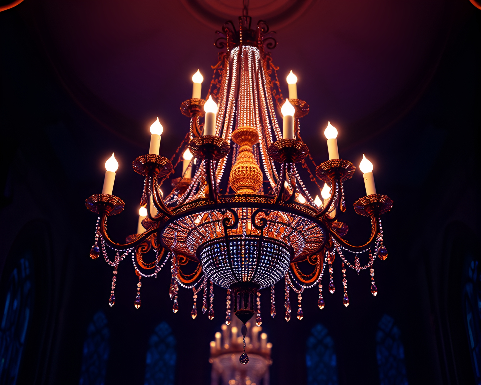 Gothic Chandelier Illuminated in Twilight Blue Hour – free AI stock image