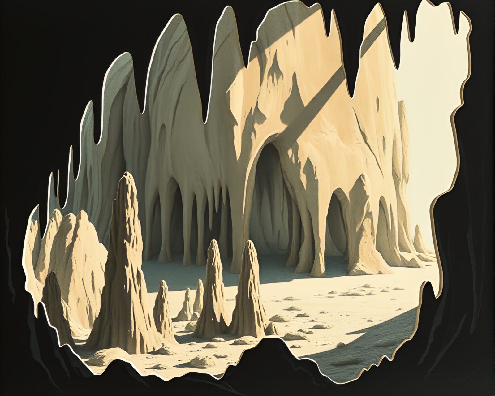 A surreal composition of cave stalactites with hard shadows.