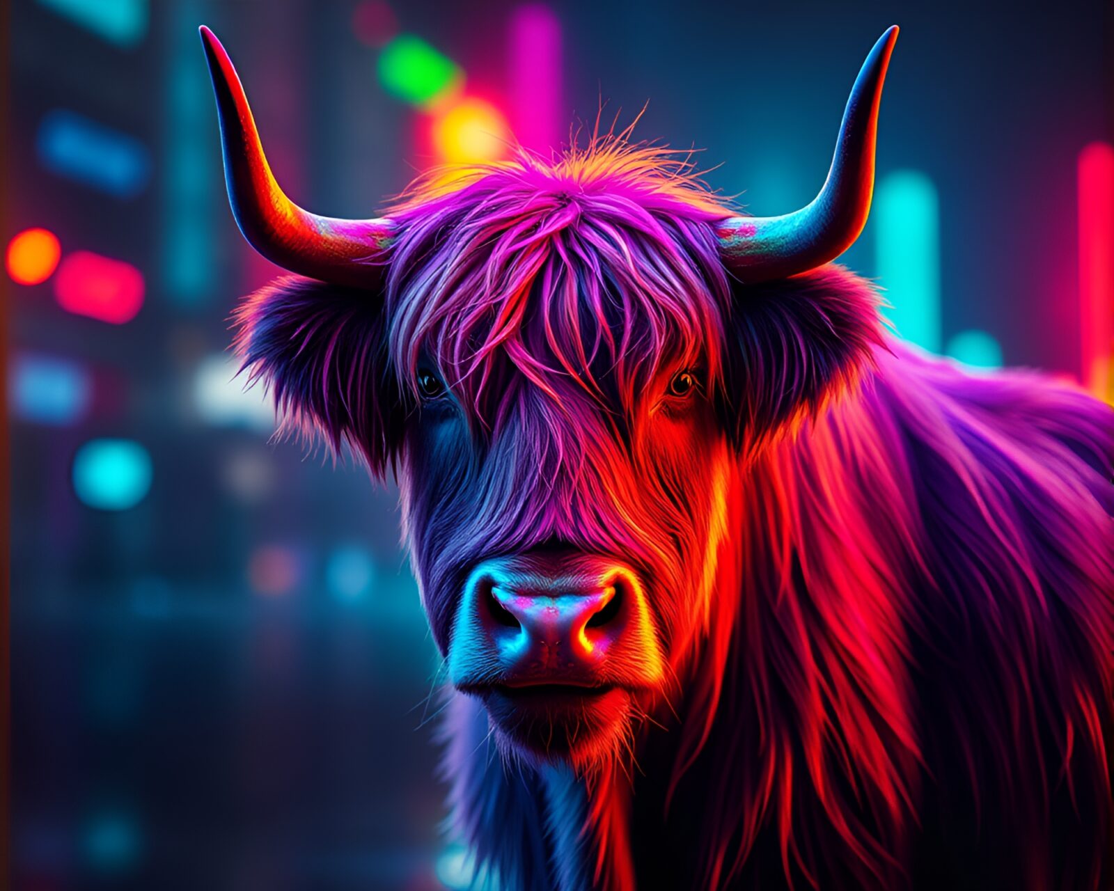 Glowing highland cow surrounded by rainbow light refractions