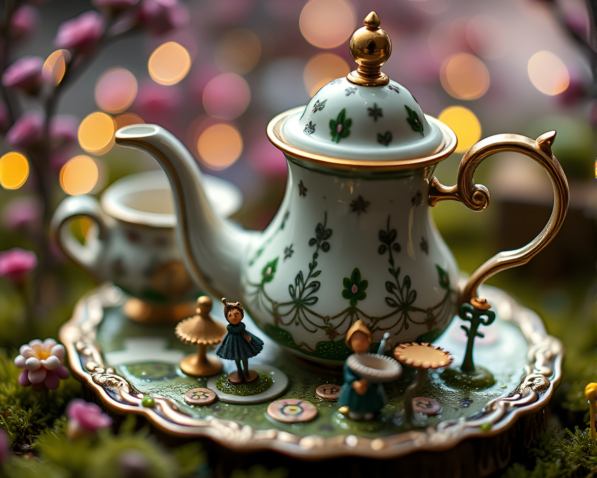 Alice in Wonderland Tea Set Close-Up in Cosmic Miniature – free AI stock image