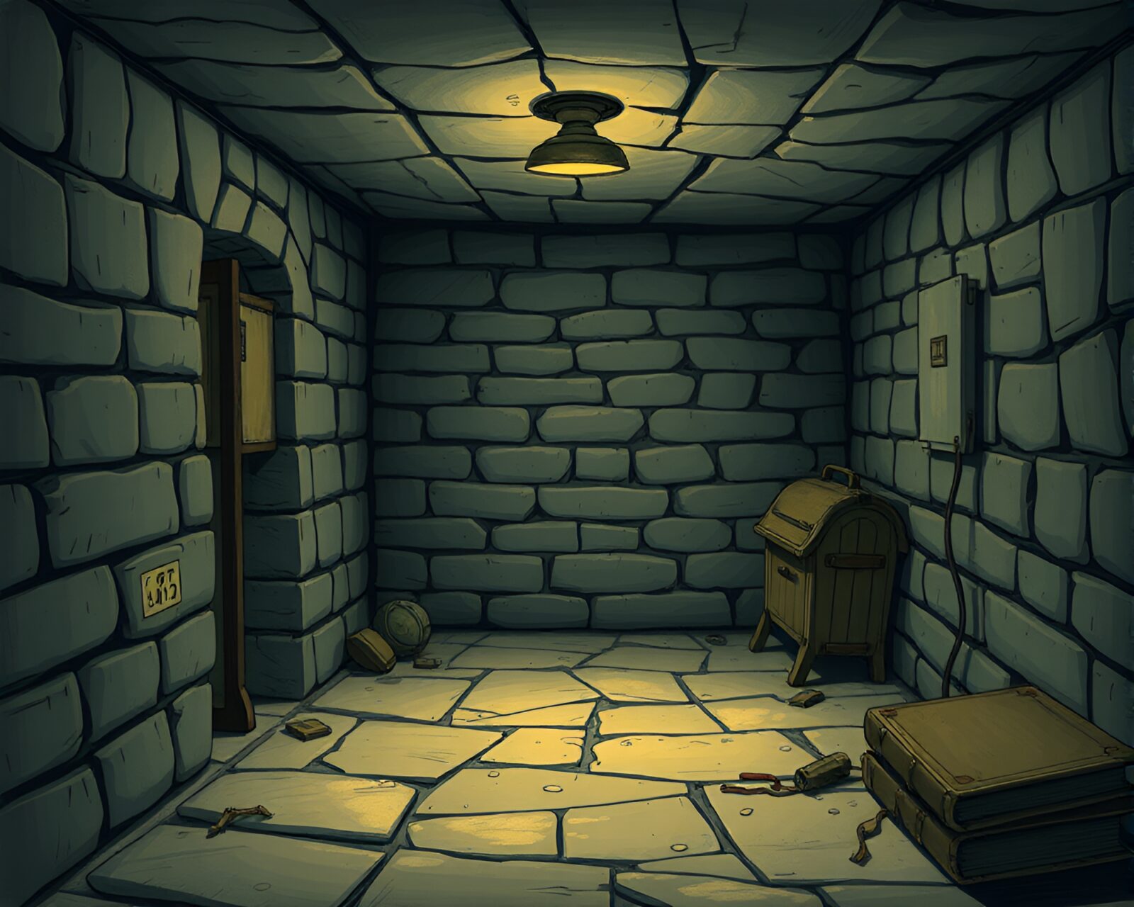 Technical illustration of a leather-bound diary in basement gloom