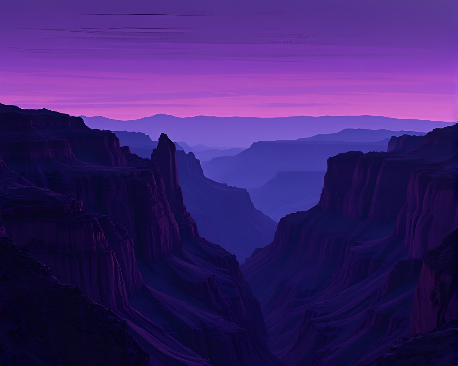 Colorful canyon scene at twilight with textured oil ridges