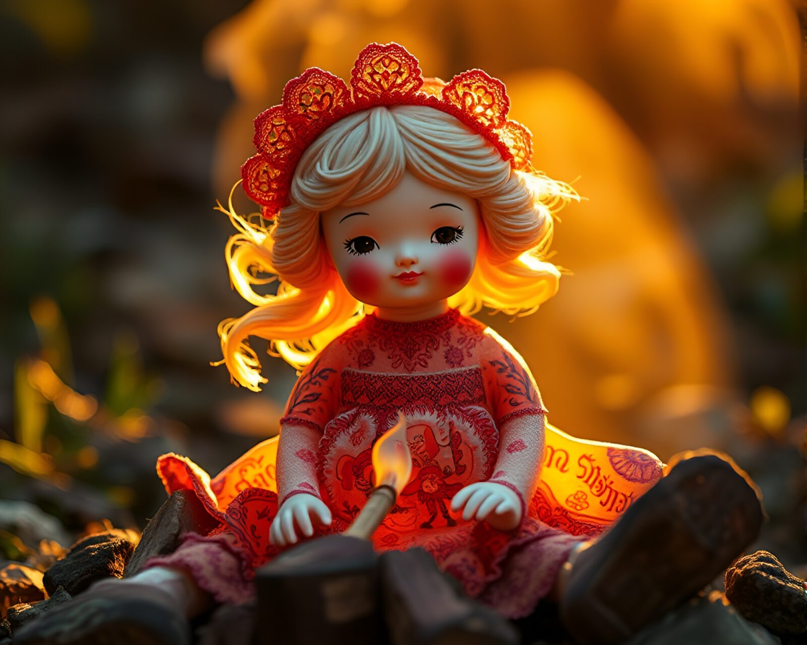 Porcelain doll amidst intricate patterns under bonfire warmth