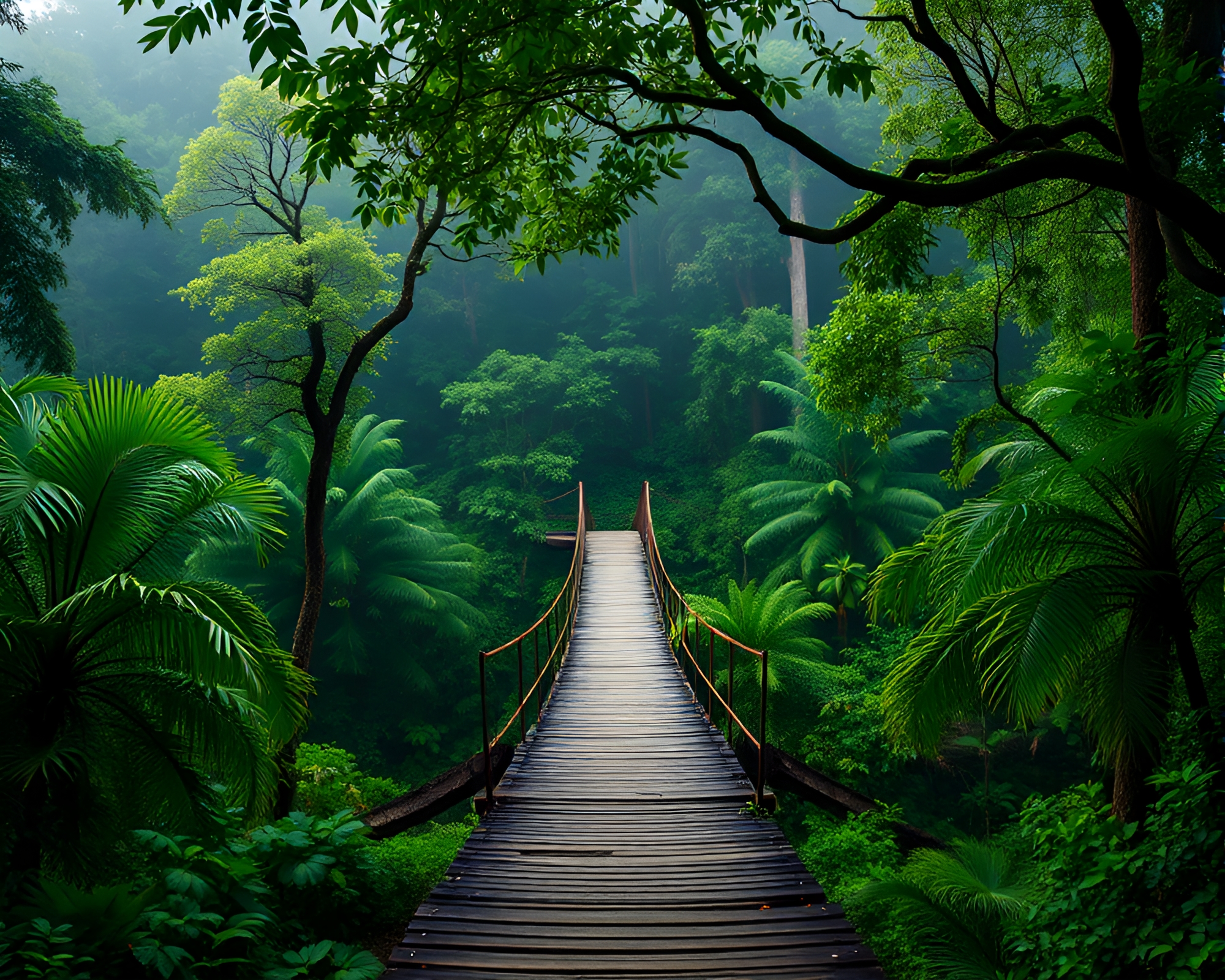 Mystical Bridge in Rainforest Green Haze – free AI stock image