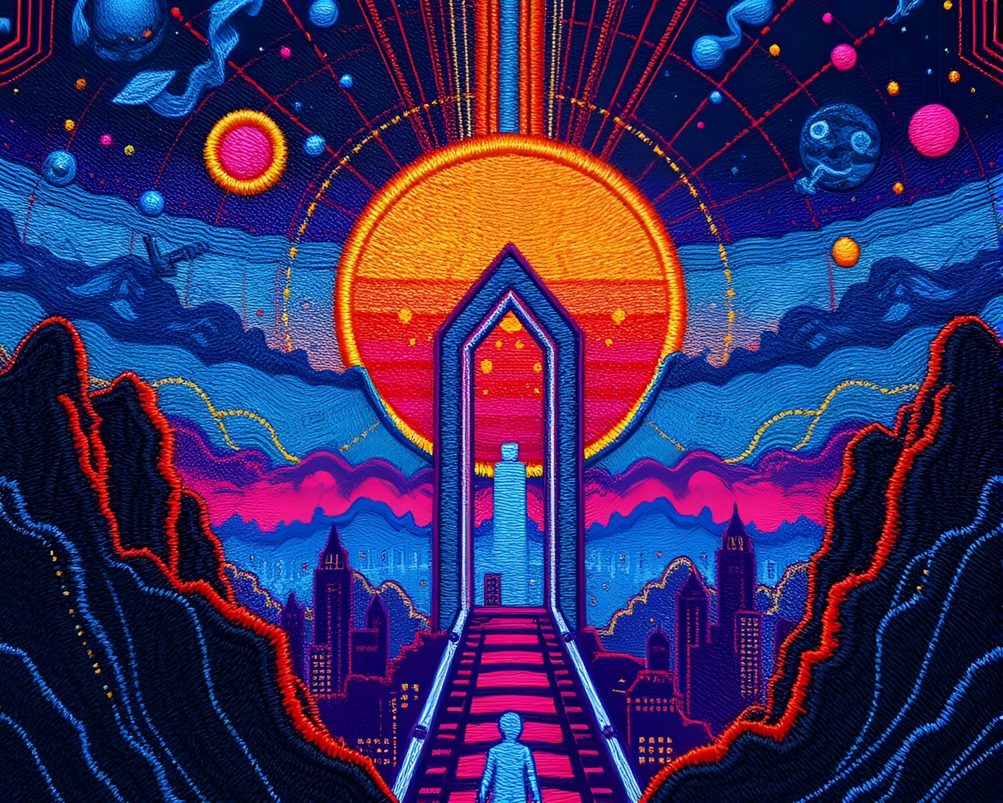 Cybernetic Sunset Portal with Embroidered Details – free AI stock image