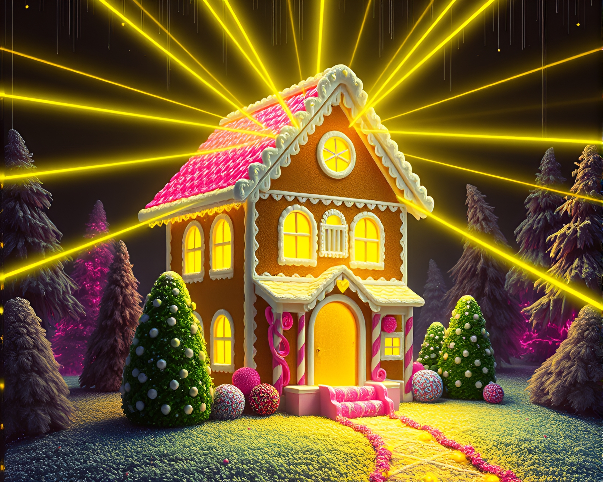 Gingerbread House Bathed in Lemon Yellow Glitch Laser Beams – free AI stock image