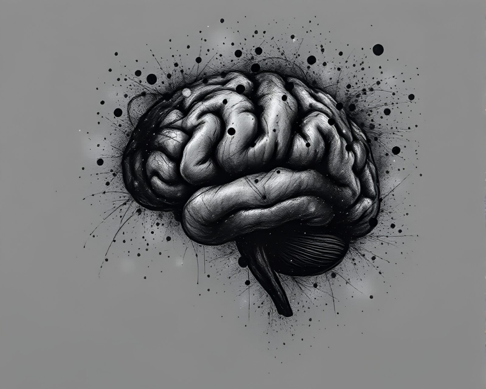 Abstract charcoal black scene of AI brain with particles