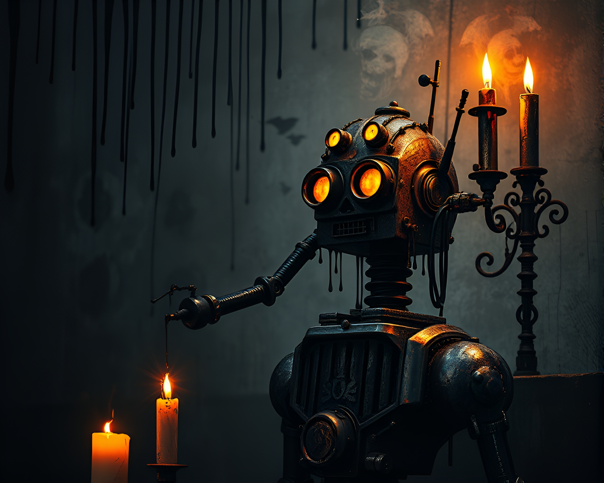 Graffiti Drips on Steampunk Robot in Candlelit Scene – free AI stock image