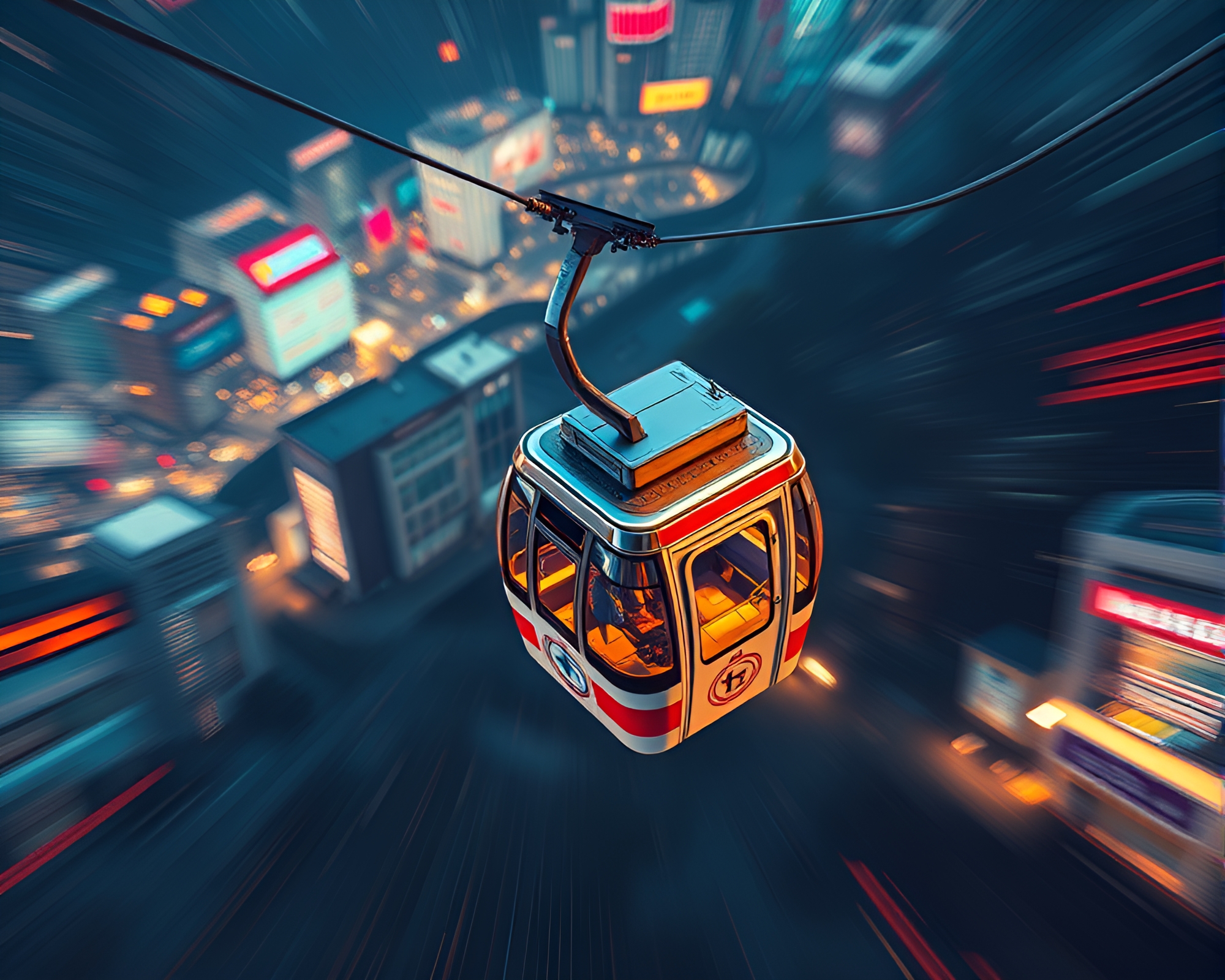 Surreal Isometric Gondola Lift in Lens Distortion Swirl – free AI stock image