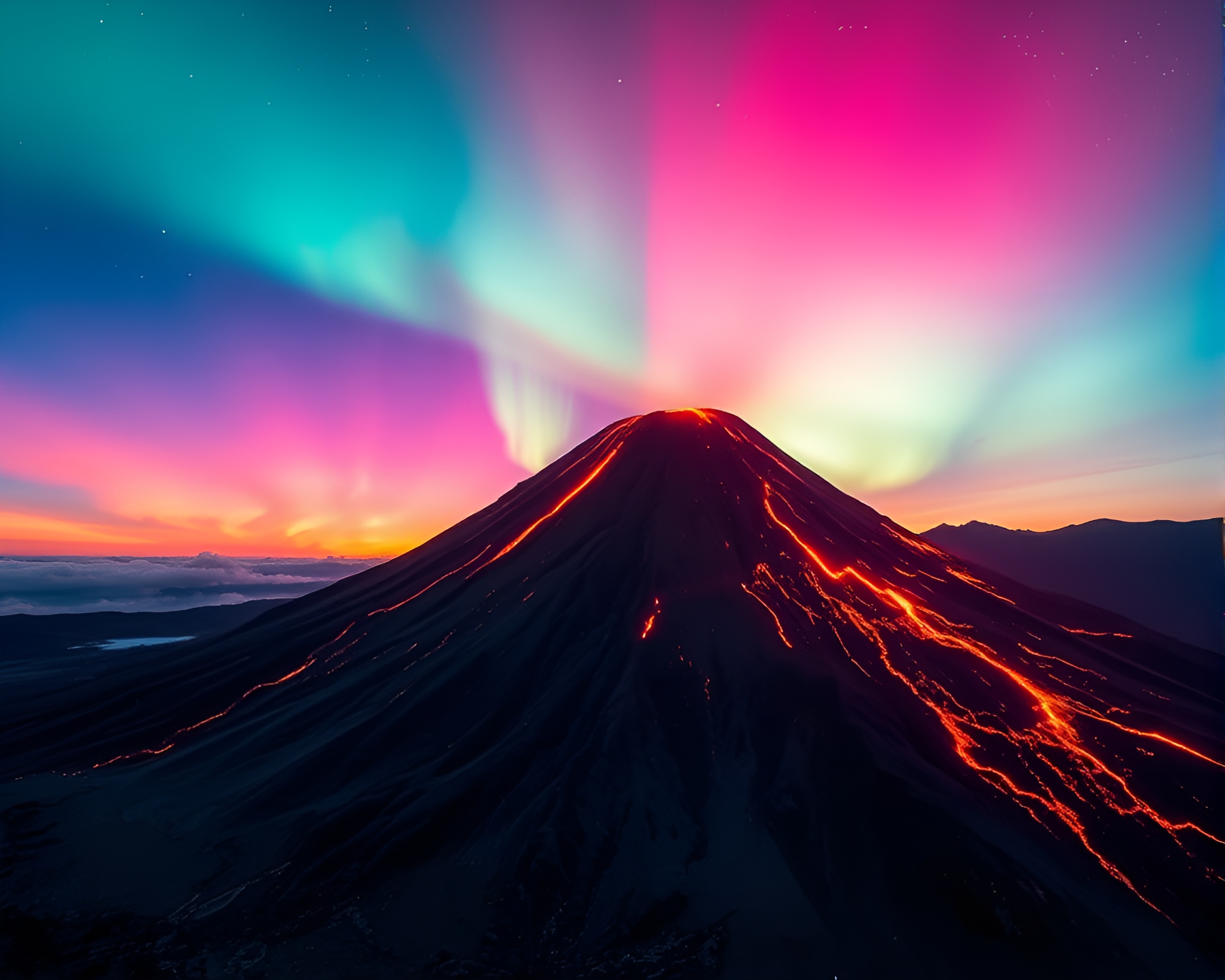 Prismatic Volcanic Eruption with Aurora Hues – free AI stock image