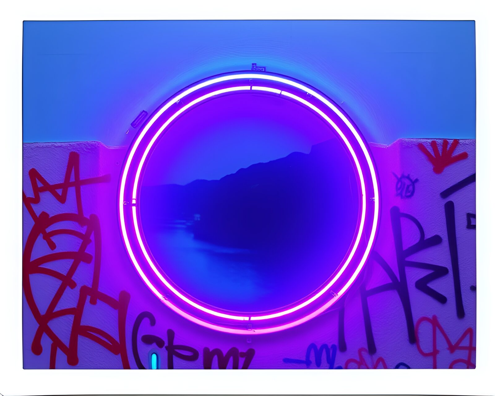 Circular Polaroid-framed view of neon graffiti on a cliff