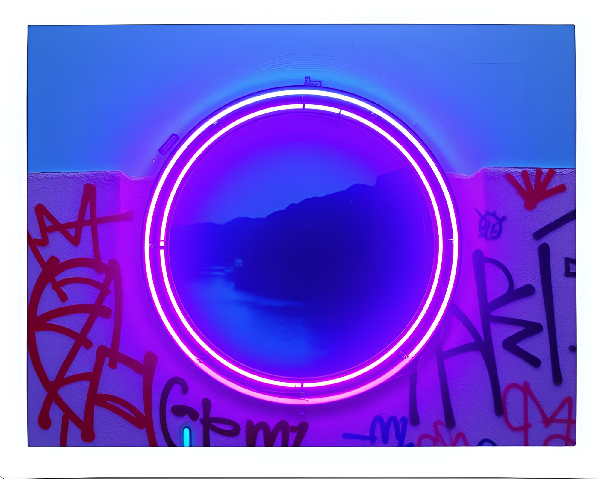 Neon Graffiti Cliff in Polaroid Frame Composition – free AI stock image
