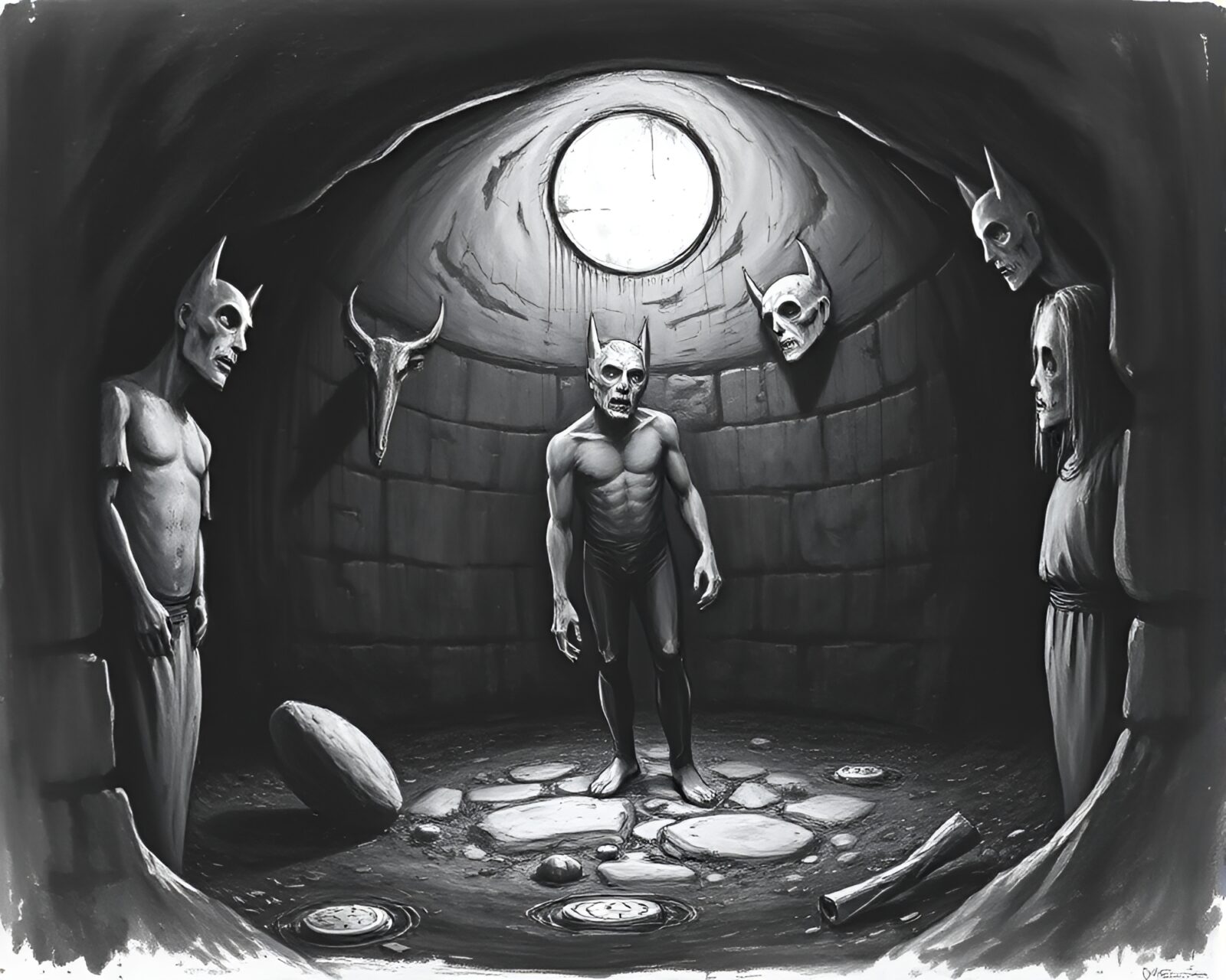 Eerie stone circle in dark basement ink wash art