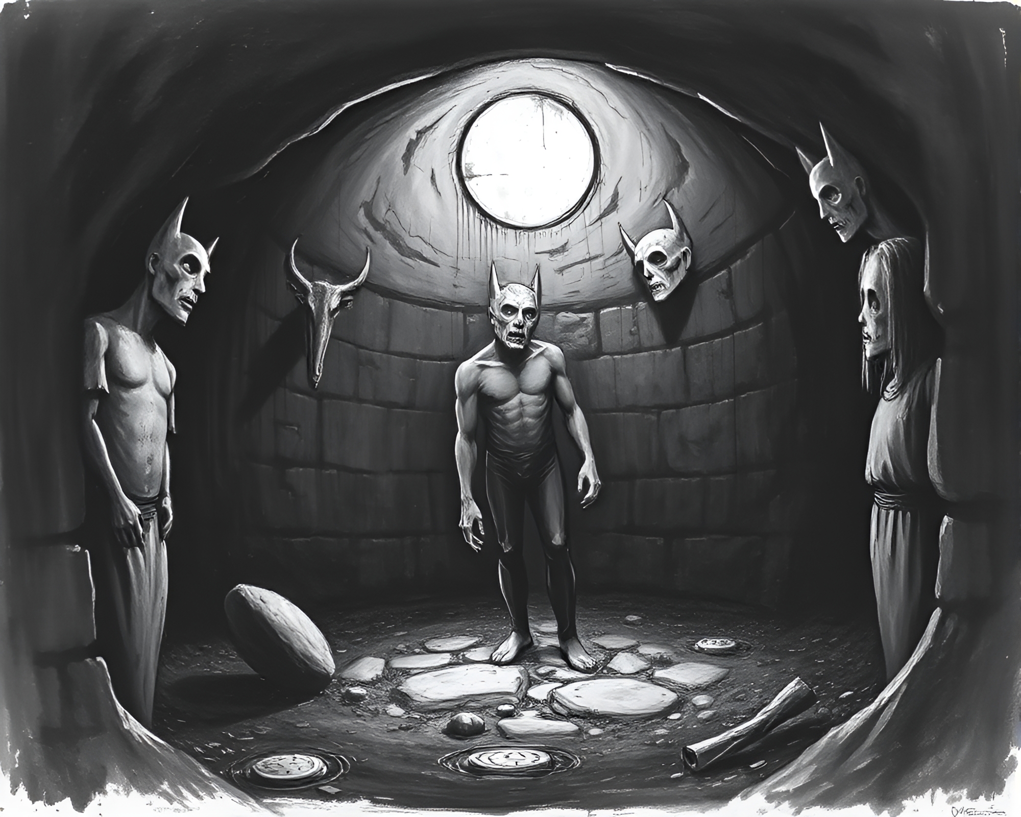 Ancient Stone Circle in Shadowy Basement Ink Wash Illustration – free AI stock image